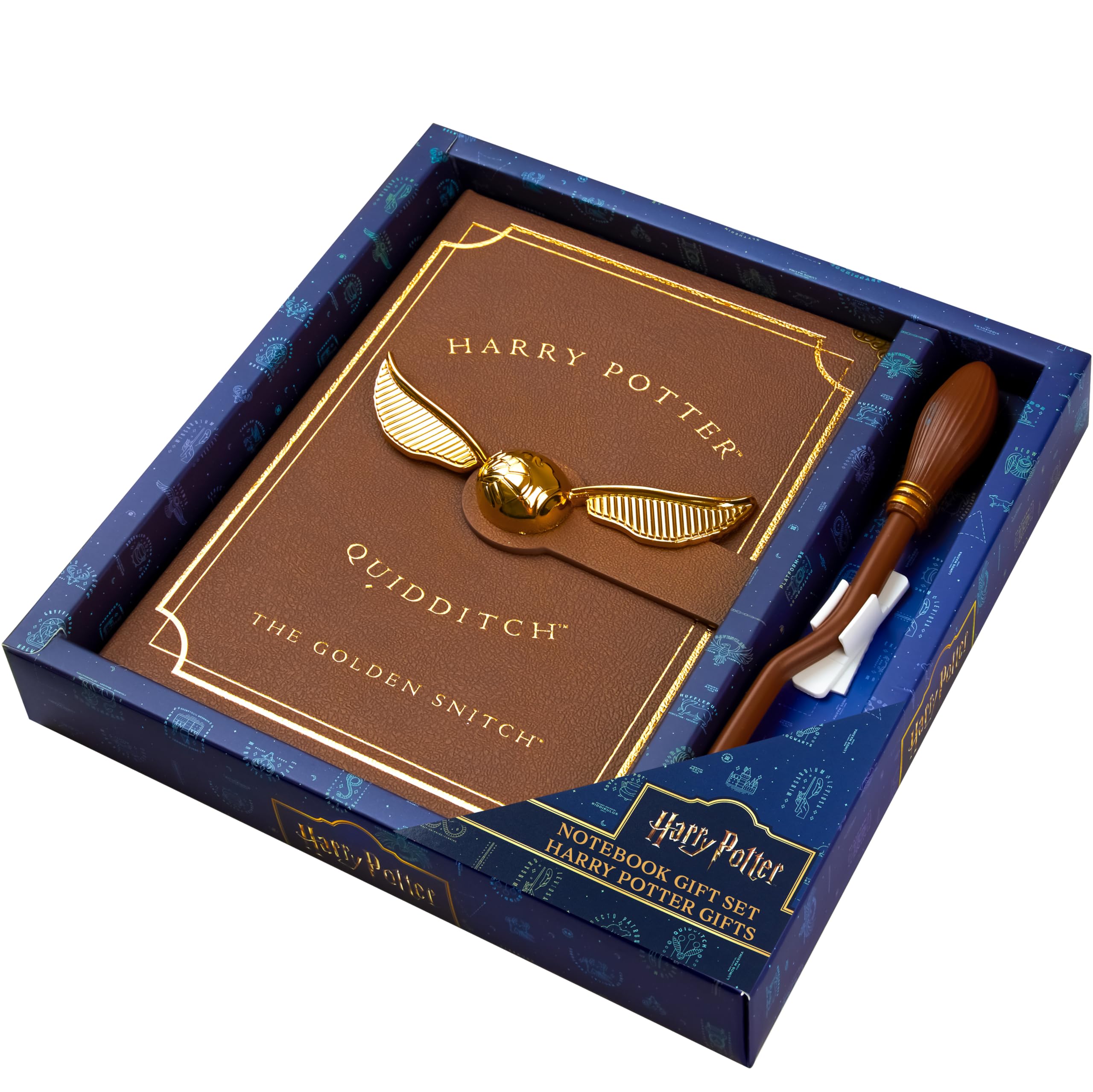 Harry Potter Notizbuch Set für Kinder, Fans, Tagebuch A5 mit Besenstab-Stift Goldener Schnatz, Schreibwaren Set, Schulsachen (Braun Zauberstab-Stift)