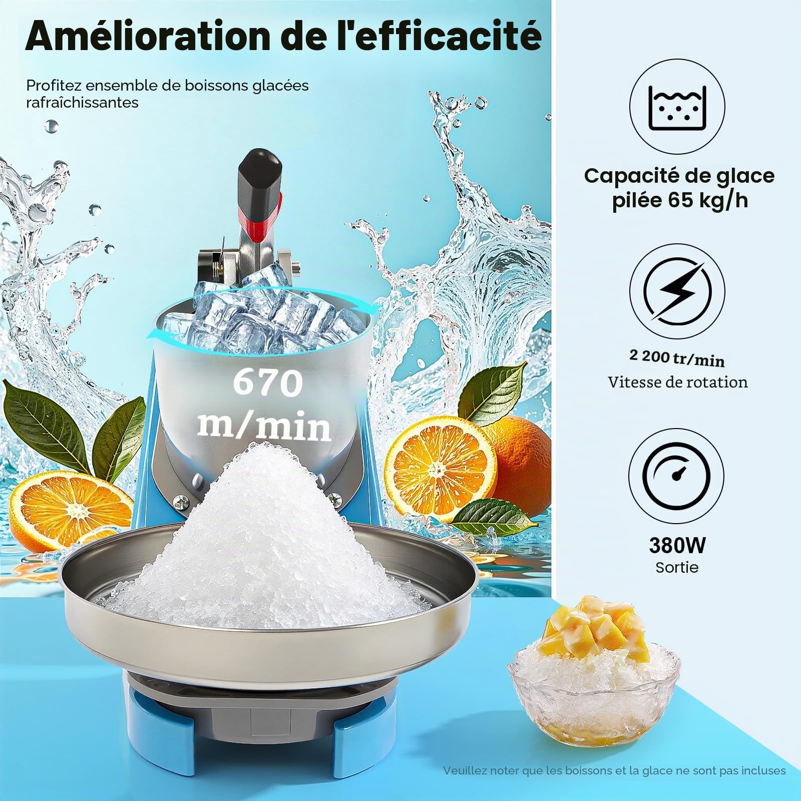 Broyeur à glace électrique, en acier inoxydable, capacité de glace pilée 65 kg/h, pour boissons froides, milkshakes, bleu