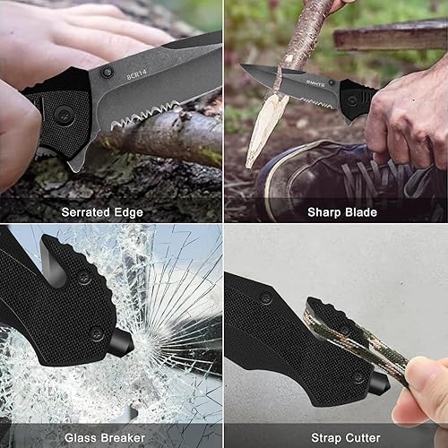 Miniatura 4 de EMHTiii Cuchillo de bolsillo plegable multiherramienta con cortador de cinturón de seguridad y rompedores de vidrio, hoja dentada de 3.54 pulgadas,