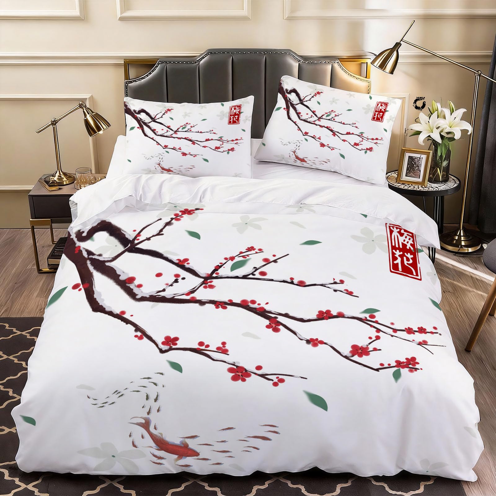 3D Pattern Plum Duvet Cover Branch Bedding Double Bed Set, Soft Microfiber Comforter Cover Printed with Zipper Closure Quilt Coverr 200x200 cm and 2 Pillowcases
