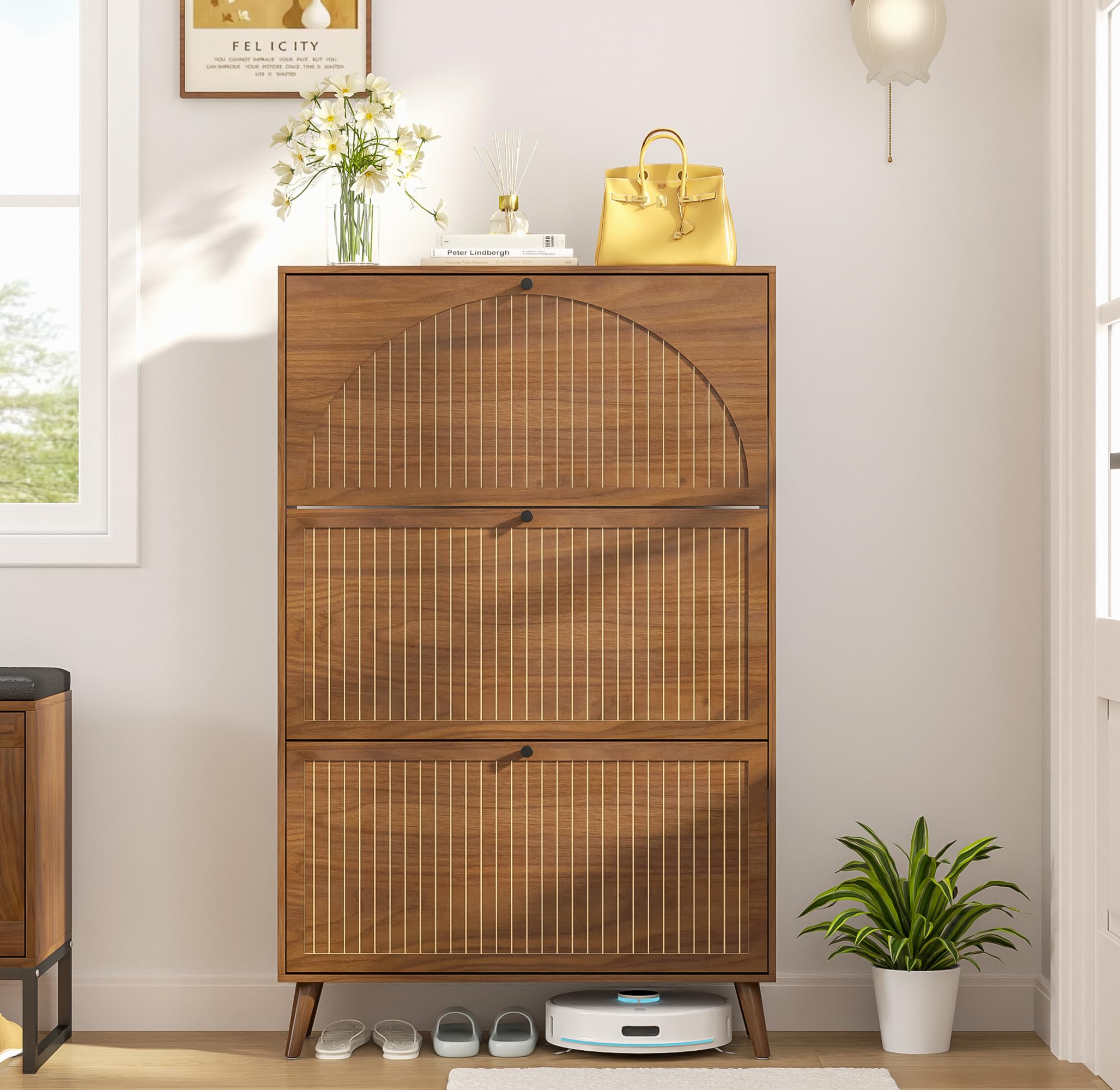 Fsbecl Shoe Storage Cabinet for Entryway with 3 Flip Drawers, Narrow Shoe Organizer with Fluted Panel, Freestanding Wood Hidden Shoe Cabinet for