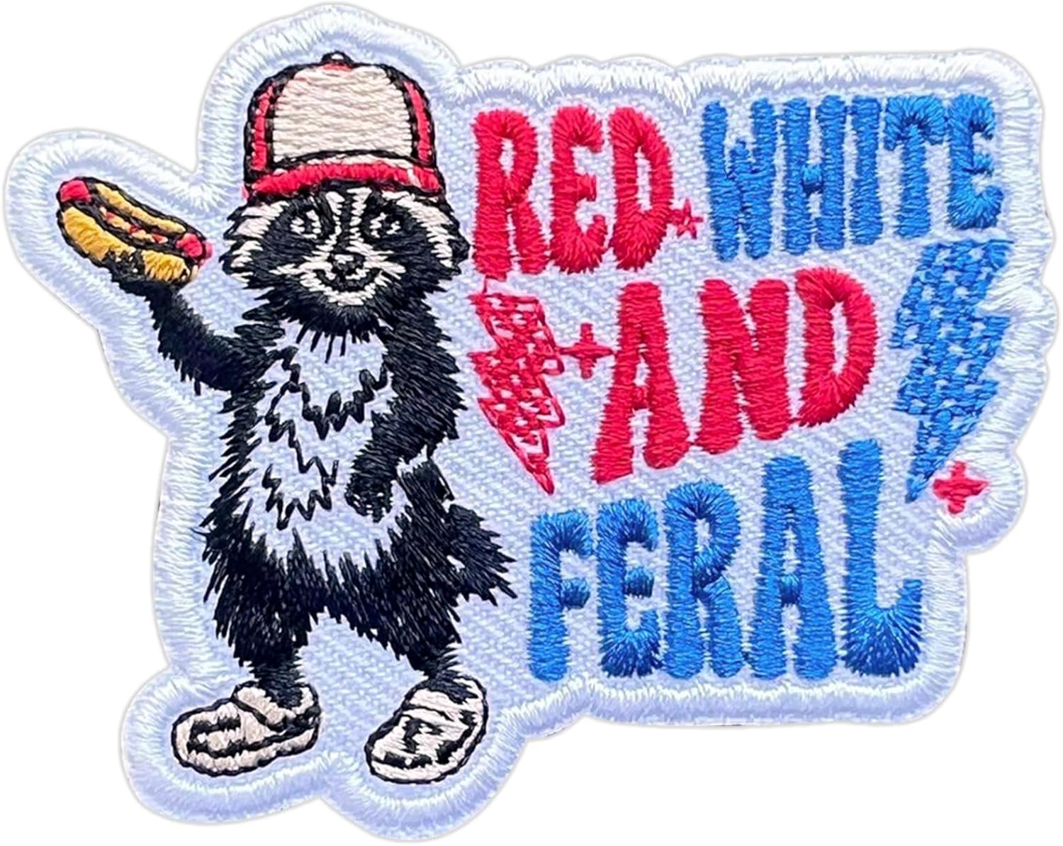 Red White and Feral Raccoon Patch Iron On Embroidery Patch for Backpacks Hats Jeans Bags, Size 3" Sewing Patches, Funny 4th of July Appliques for Clothes, Embroidery Patches, Gift for Patriots