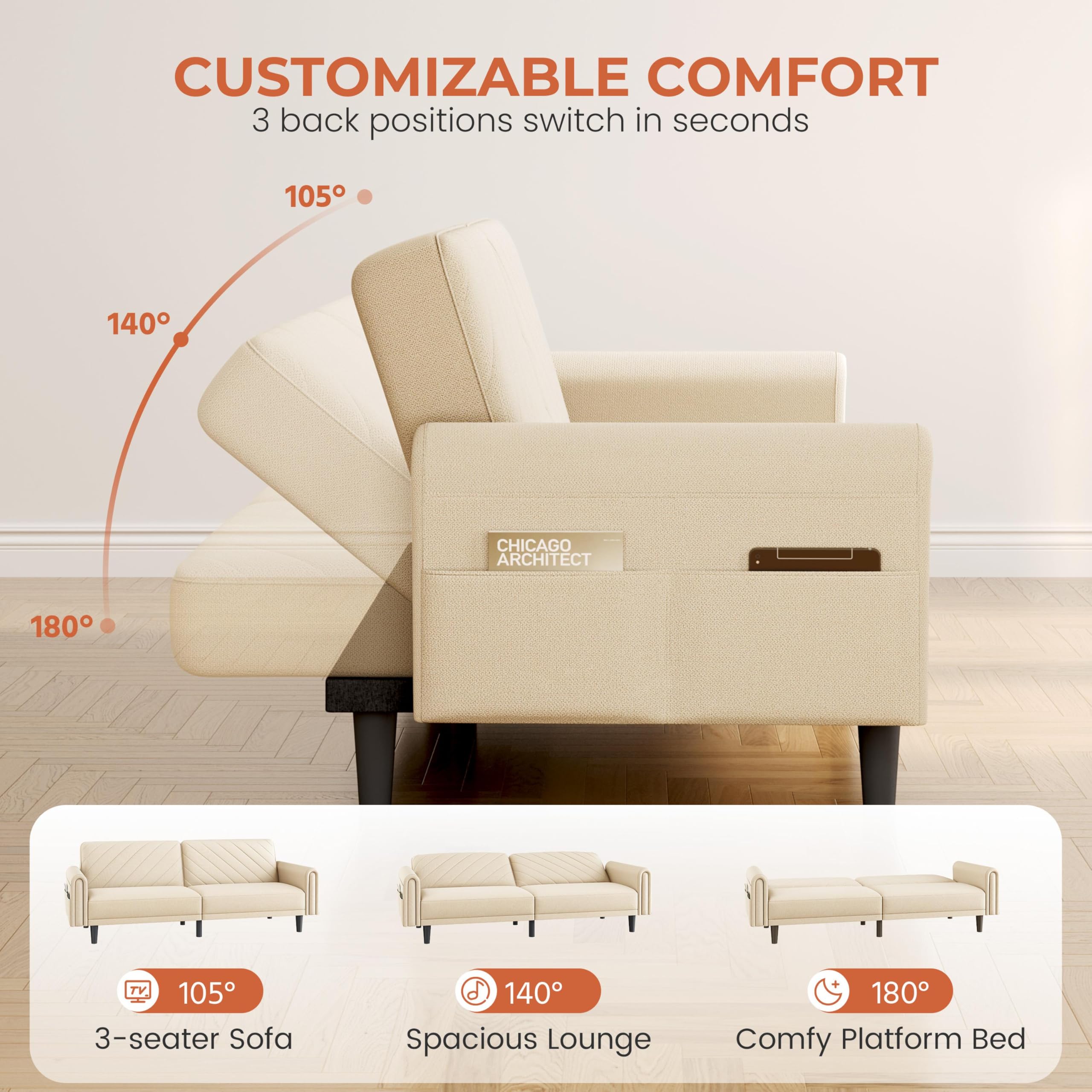Yaheetech Divano letto largo 200 cm, divano 2/3 posti con funzione sonno, divano letto con 3 angoli regolabili, ideale per soggiorno, Beige