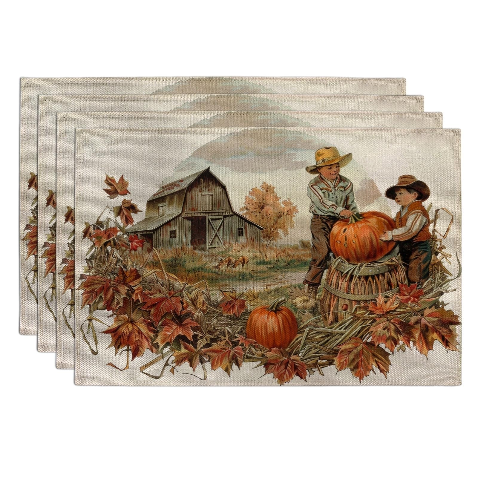 Fall Harvest Pumpkin Placemats, Orange Rustic Farmhouse Table Mats for Dining, Non-Slip Washable Indoor Outdoor Party Decorative Placemat Set of 4