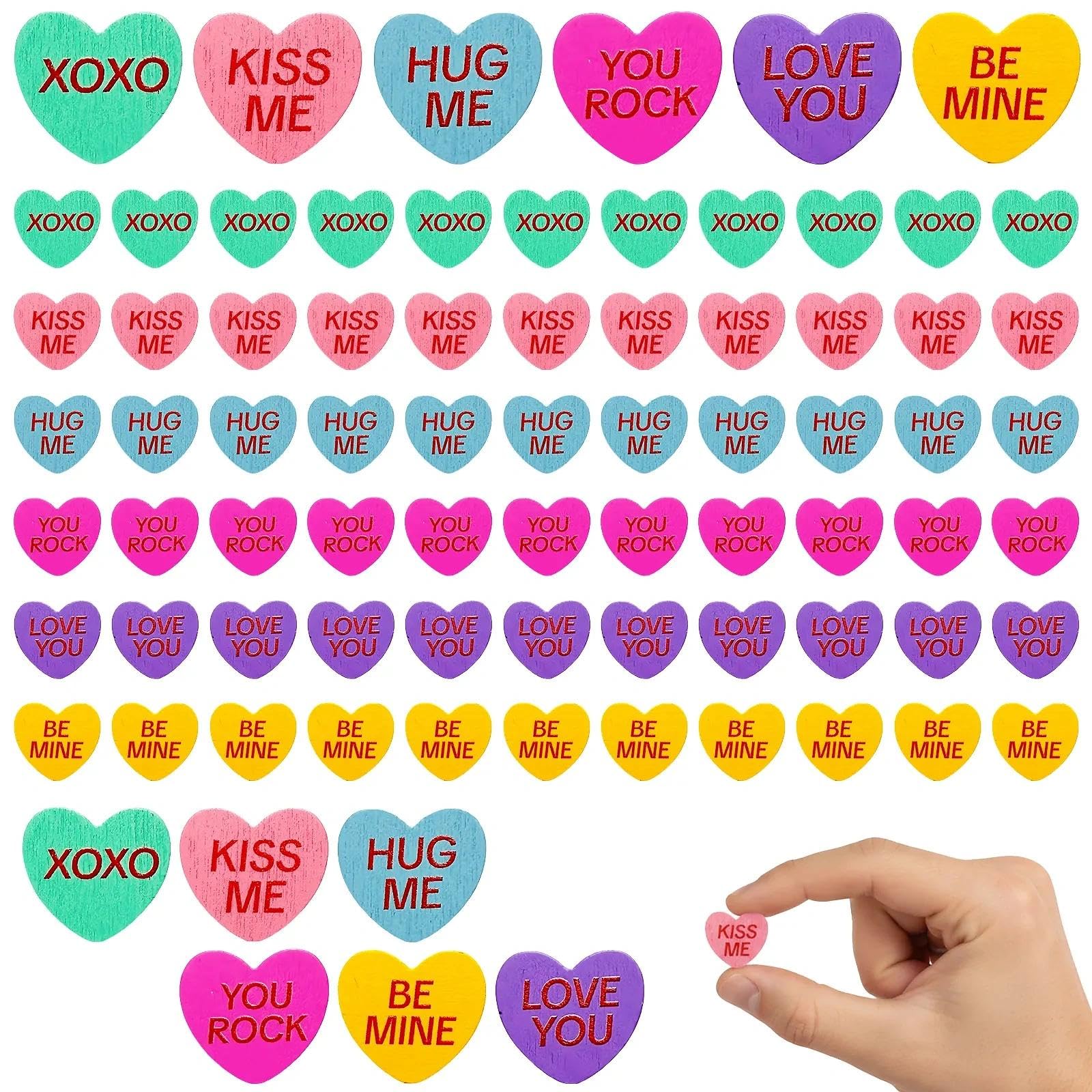 120 Pack Mini Wooden Conversation Hearts Decor, Rustic Hand-Painted Candy Heart Table Scatter for Valentine's Day Tiered Tray Classroom Party Supplies, Vase Filler Pastel Wood Cutouts-image-35