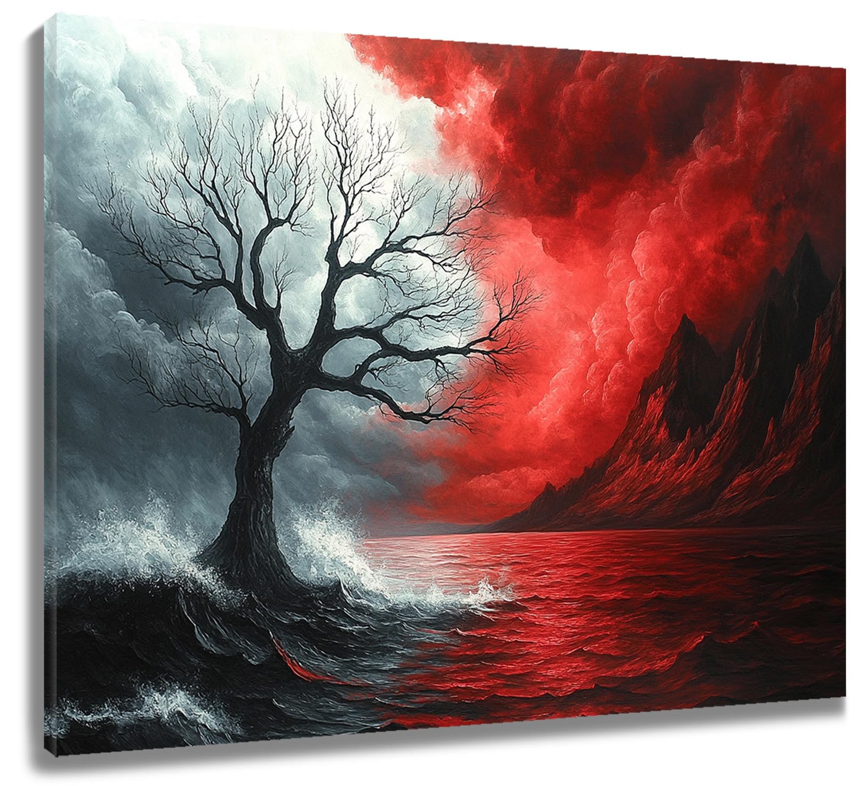 LB Grey and Red Wall Art Abstract Tree in the Sea Canvas Wall Art for Living Room Mountain Landscape Poster Paint Wall Art Decor for Bathroom Kitchen Bedroom,16Wx12H inch Wooden Framed — image 1