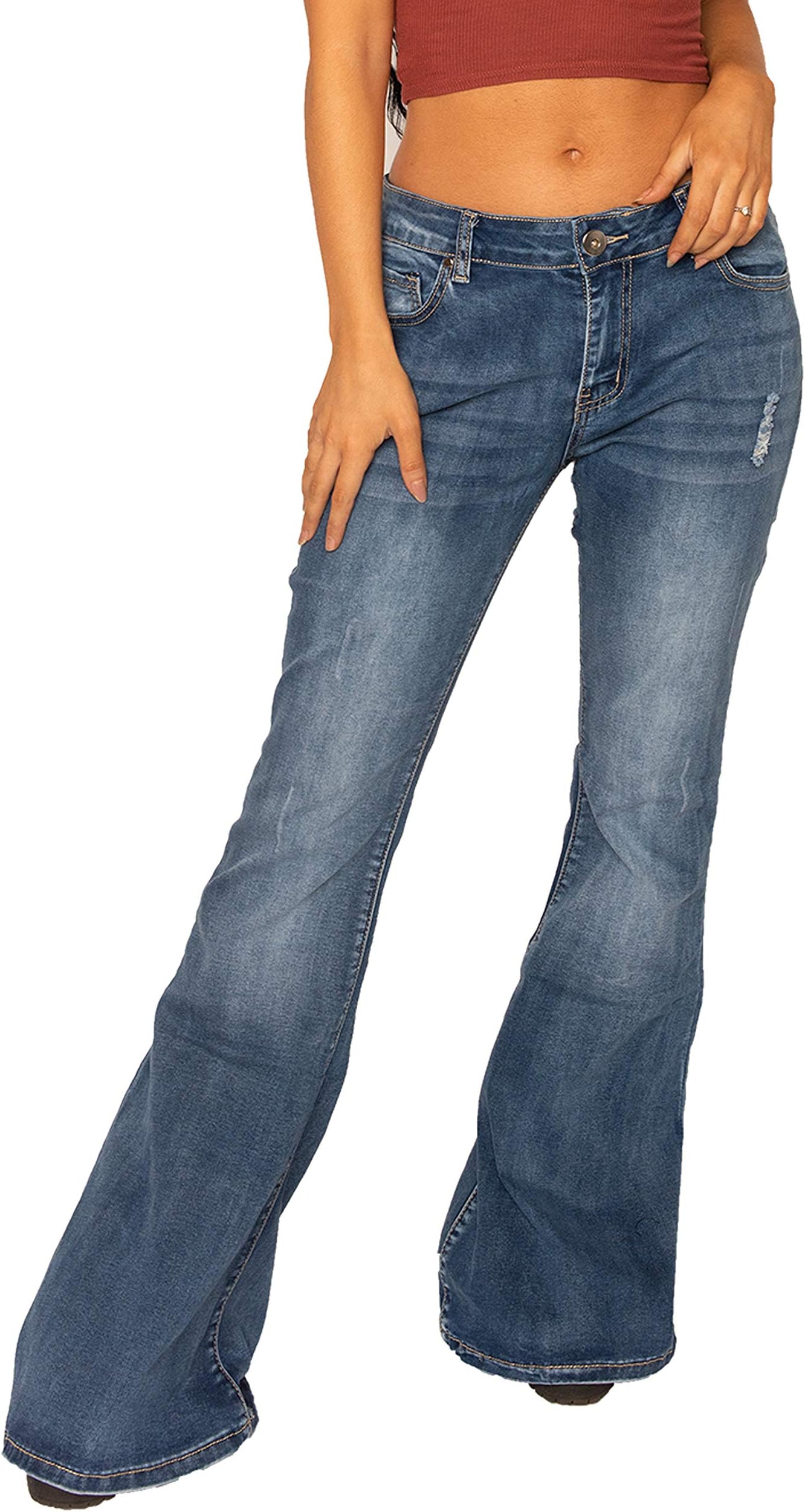 Glamour Outfitters60s 70s Ripped Distressed Denim Flares Faded Wide Flared Jeans - Blue