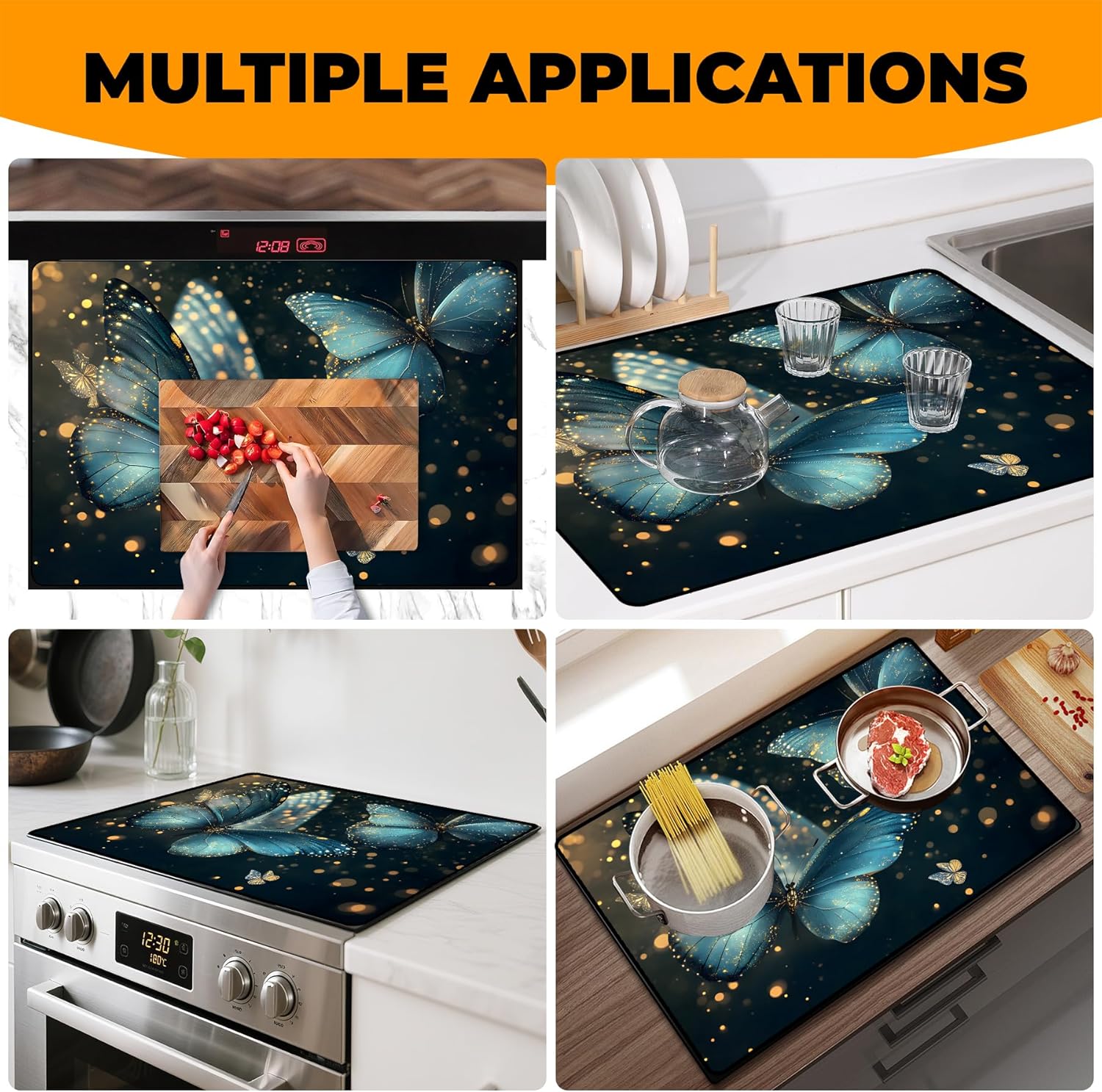 Silicone Glass Stove Top Cover- Mat for Electric Stove Protector with Anti-Slip Rubber Coating XL Dish Drying Mats Scratch-Resistant (Butterfly, 30" x 21")