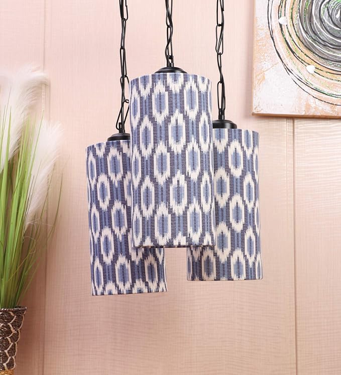 tu casa Pendant/Hanging Light Lamps Black Metal Base with Blue/Black Cotton (Ikat Print) Shades for Home Décor, Bedrooms, Living Room, Gifting, Diwali, Dining Space, Restaurants (H-23)