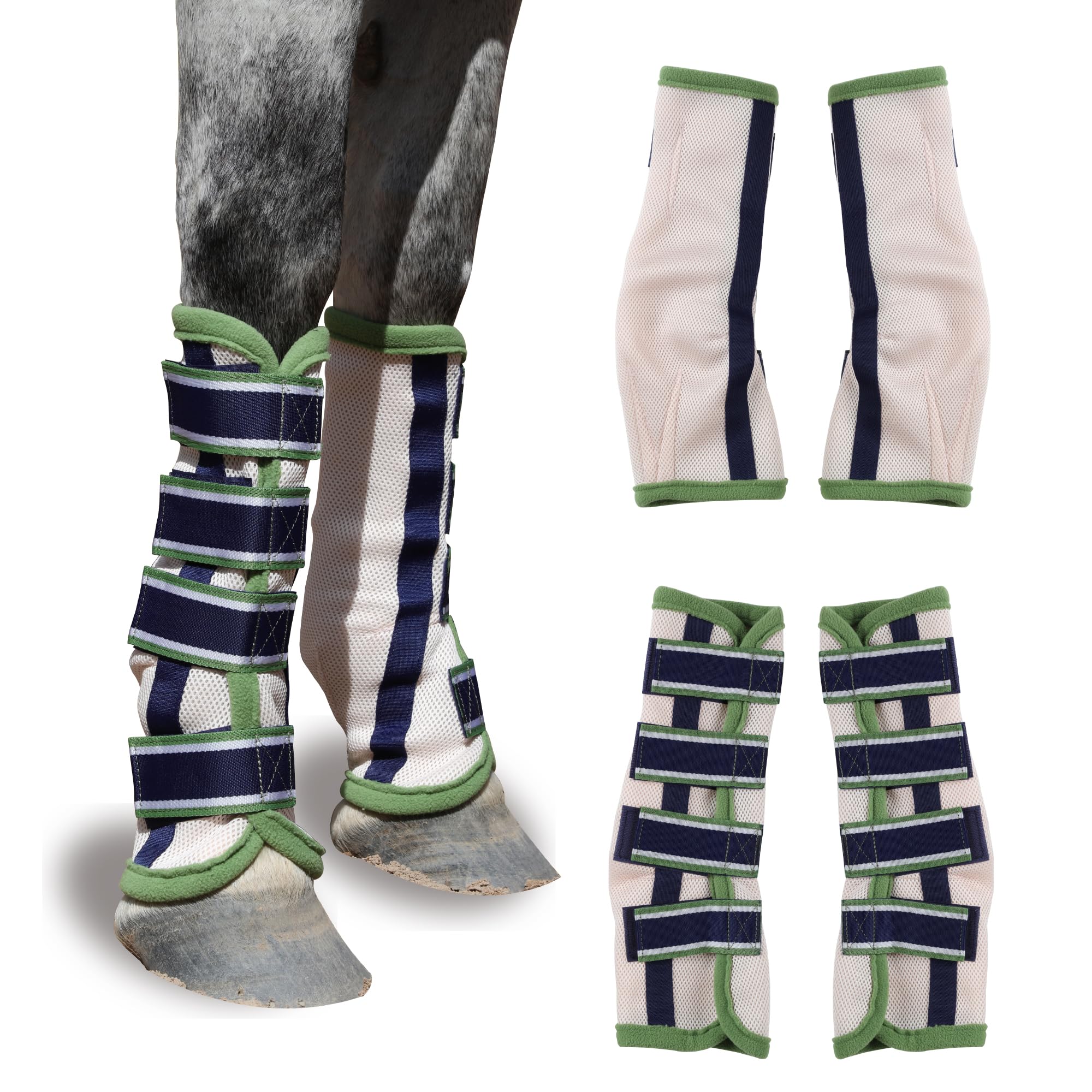 Horse Fly Boots Set of 4 – Lightweight Breathable Mesh Fly Leg Wraps for Horses with Fly & UV Protection and Comfortable Contoured Fit, Ideal for Summer Field & Stable Green Cob