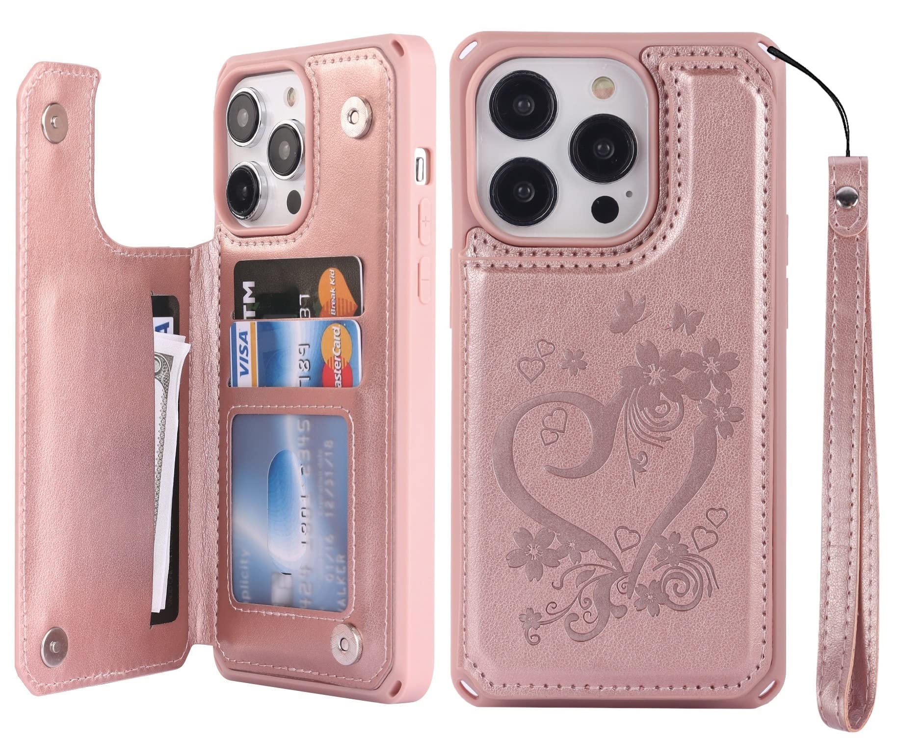 iCoverCasefor iPhone 14 Pro Max Case with Card Holder, iPhone 14 Pro Max Wallet Case for Women with Strap [RFID Blocking] Embossed Phone Case for iPhone 14 Pro Max 6.7 Inch (Heart Rose Gold)