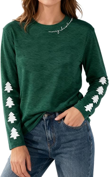 Christmas Shirts for Women Cute Christmas Tree Graphic Long Sleeve T Shirt Funny Holiday Xmas Top