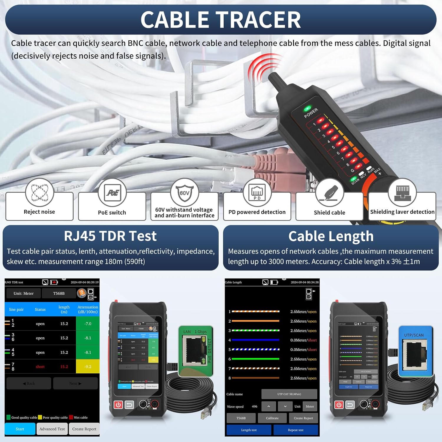 All Features Multifunction Network Caber Tester,UTP Continuity,Cable Tracer,4" IPS Touch Screen Network Tester Support TDR,DMM,OPM,Level Meter,Network Tools,POE++ Detect,RJ45 TDR,Length,FTP,NCV (L)