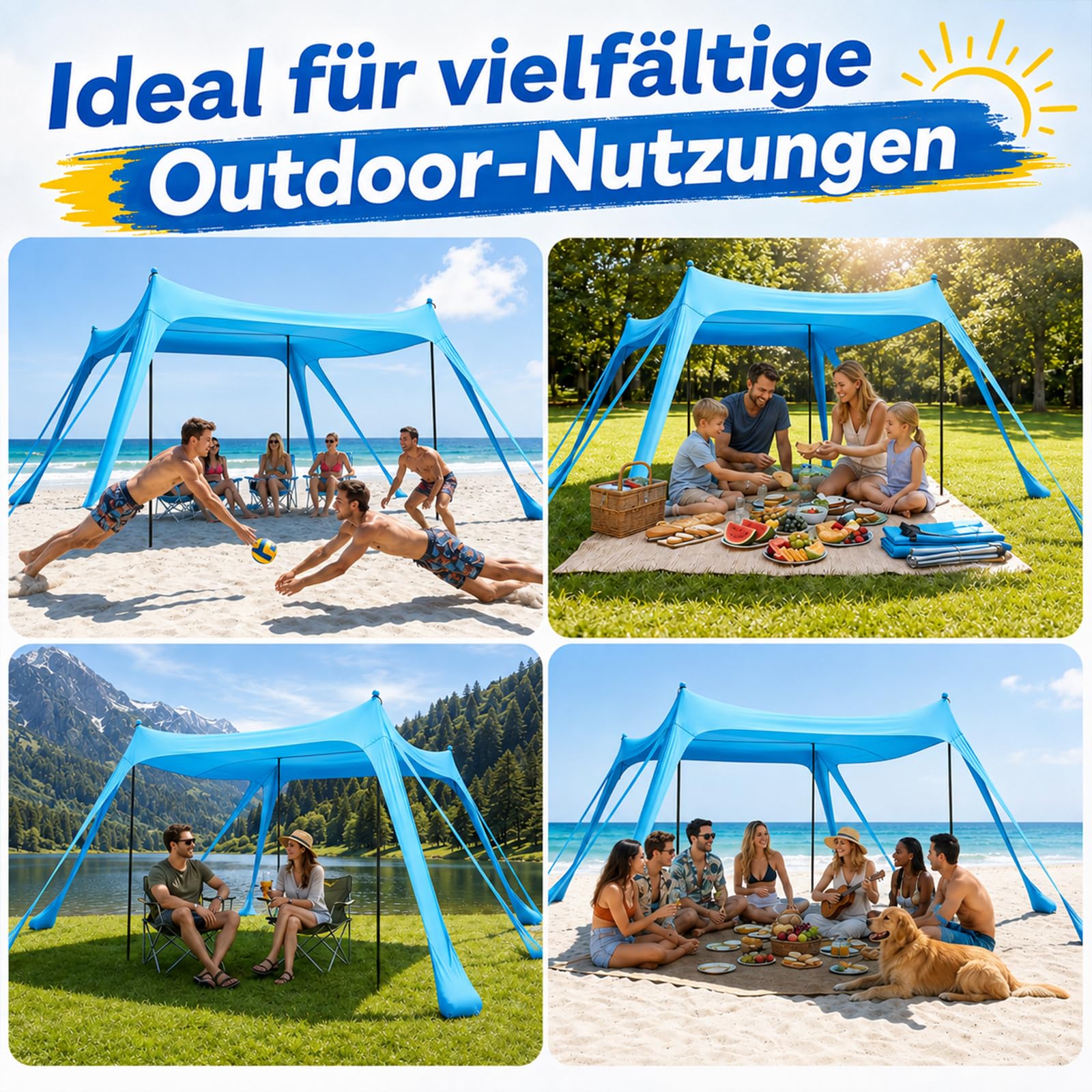 Tente de plage 3 x 3 m, protection solaire UPF50+ pour bébés et familles, montage en quelques secondes, 8 sacs de sable, maille respirante à 360°, cadre en aluminium stable, parfaite pour la plage, le
