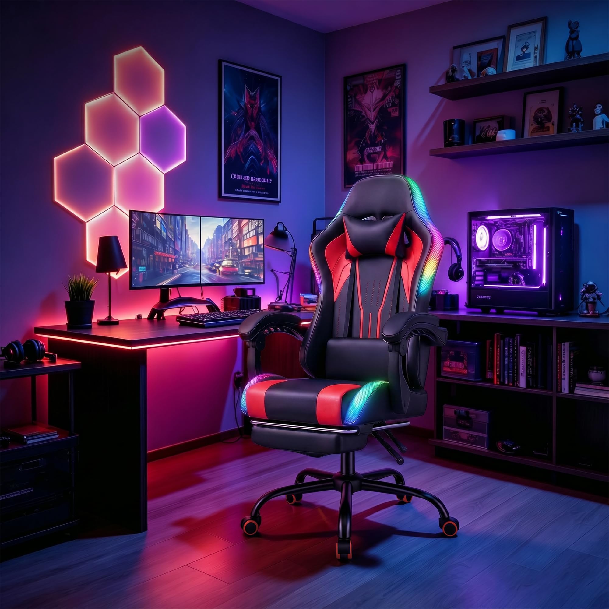 TRIUMPHKEY Sedia da Gioco con Luce RGB LED di Stile Gaming, 366 Modalità di Effetto Luminoso, Tela PU Resistente alla Sporco, Braccioli Sincronizzati, Cuscino Lombaire a Massaggio USB (Rosso)