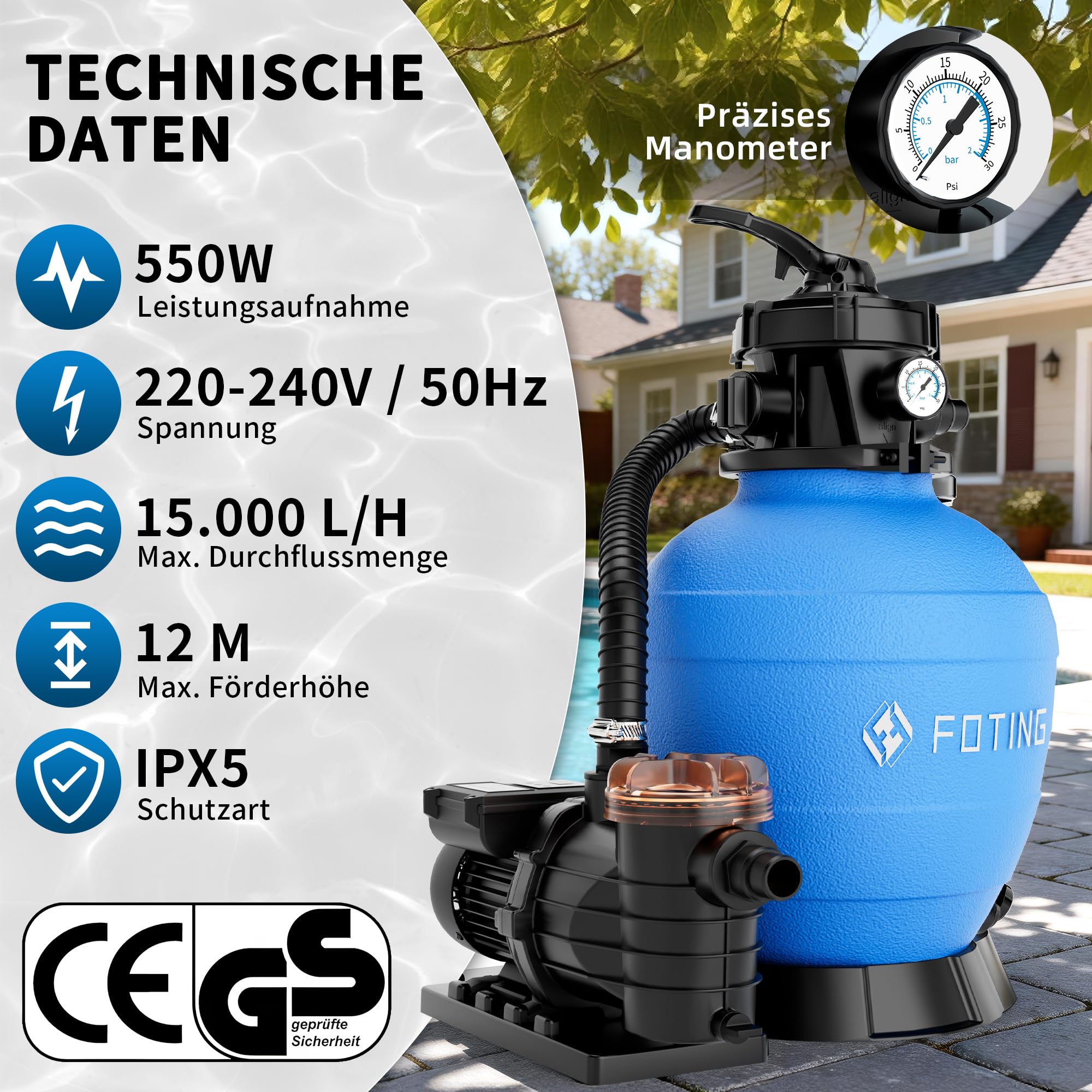 FOTING Depuradora de Arena con Temporizador 24 h – 14.000 L/h, Filtro de Piscina con Bomba, Válvula de 7 Vías con Manómetro, Adaptador Ø32-38 mm, 200 g de Bolas Filtrantes Incluidas