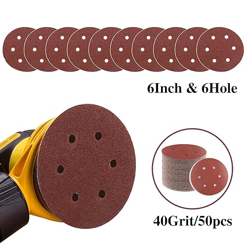 Miniatura 7 de Discos de lija de grano 40 de 6 pulgadas, 40 piezas de papel de lija de gancho y bucle de 6 agujeros, discos redondos de papel de arena de óxido de