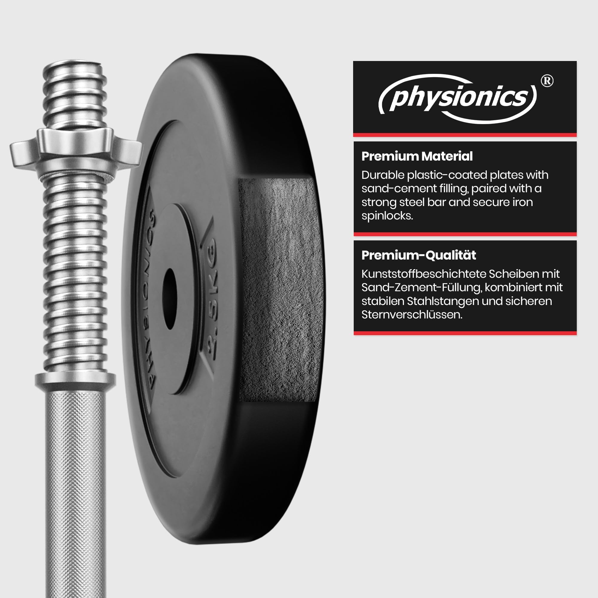 Physionics® Zestaw Krótkich Hantli – 20, 30, 40 Kg, Uchwyt Radełkowany, Ø 25 Mm, Z Tworzywa Sztucznego i Stali, Zaciski Gwiazdowe – Sztangi, Hantle Krótkie, Zestaw Hantli (20 Kg (Drążek Stalowy))