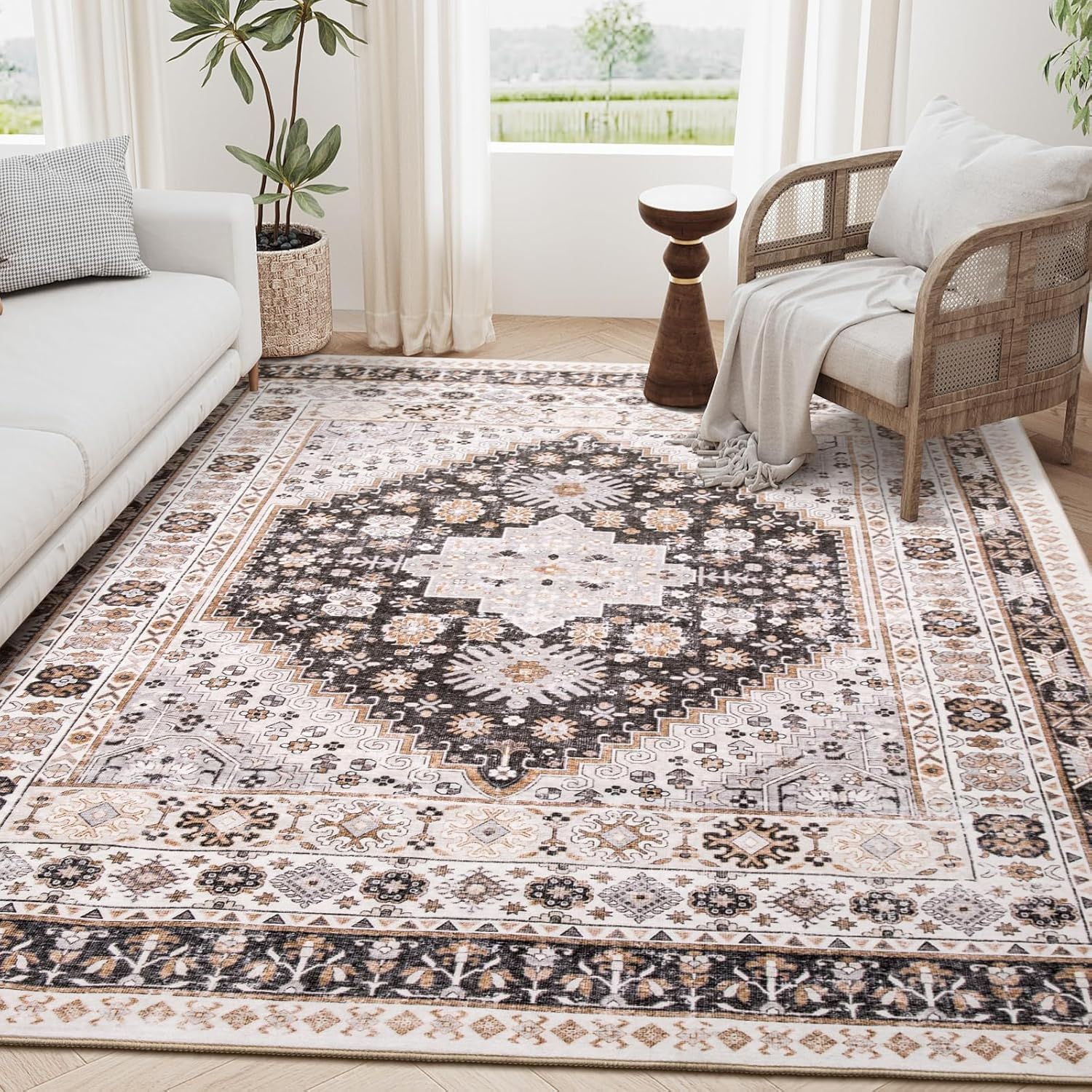 Tapis grand salon 180x200cm antidérapant beige décoration