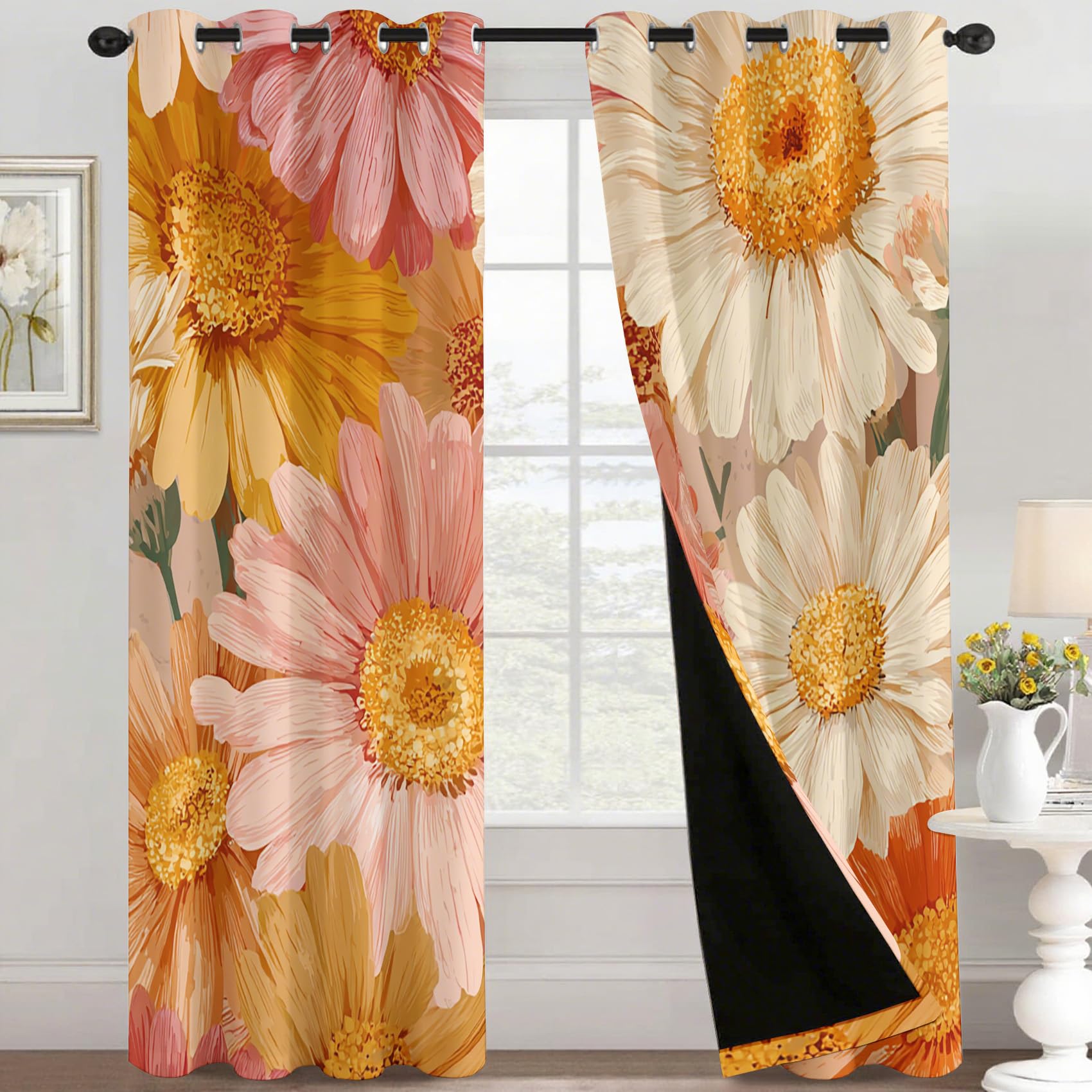 Générique Rideau Occultant Imprimé Fleurs Marguerite, Rideaux à Oeillets Thermique pour Chambre Salon, Motif Rétro Année 70, L 140 x H 220, 2 Pièces, Decoration Maison - D585