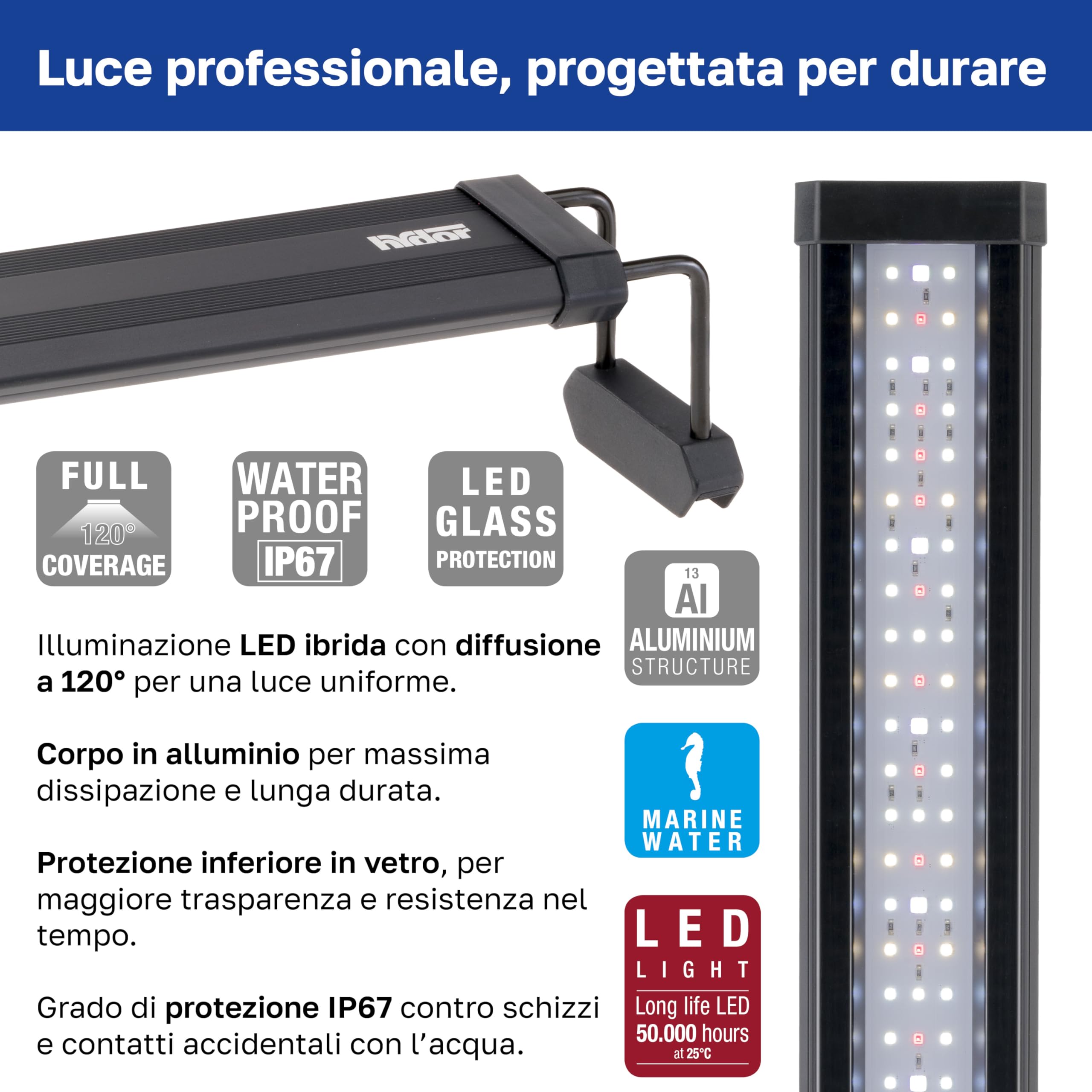 Hydor AQ-LUX REEF 700 Lampada LED per Acquario Marino 36 W (1400 lm) Spettro professionale, Dimmer e Timer Programmabile, Staffe Regolabili, Alimentatore Incl, IP67, 72 x 8 x h 9,5 cm.