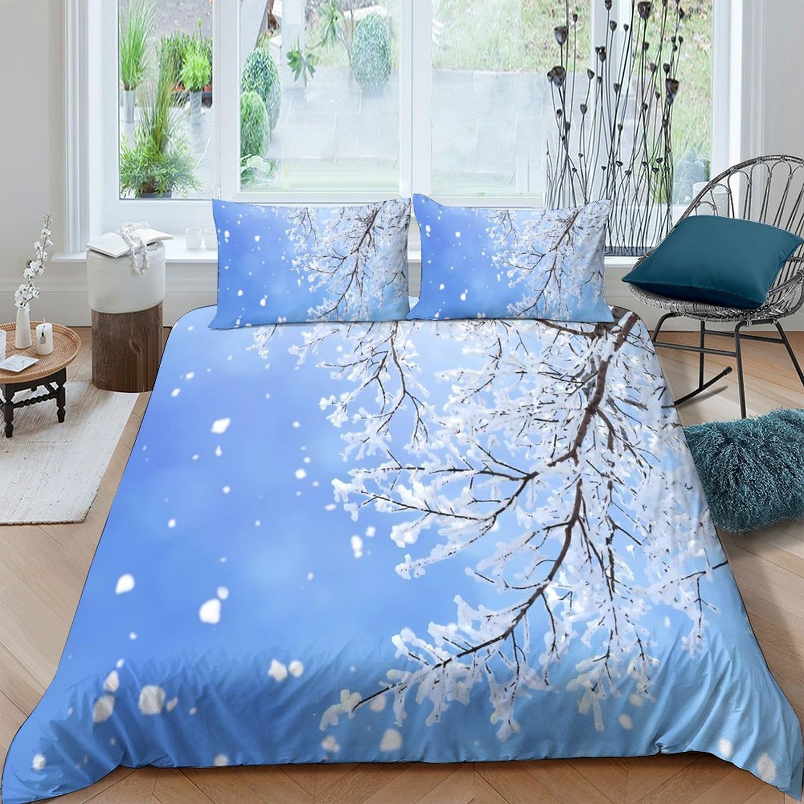 GPLZQXKJNH 3D Printed Snowy Branches Duvet Cover Microfiber Soft Breathable Winter Blue Bedding Set with 2 Pillowcases for Bedroom Decor Single（135x200cm）