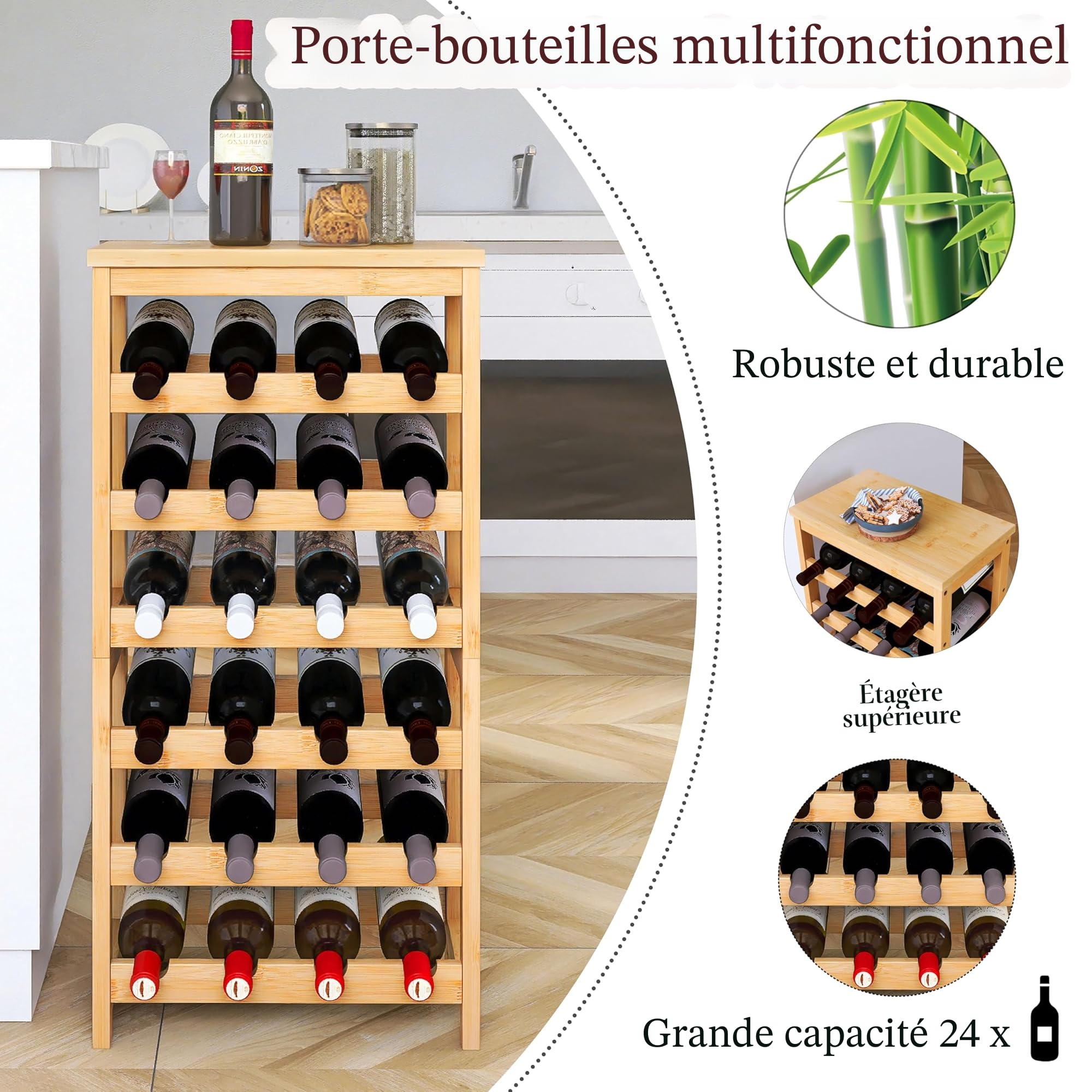 STELLSTAR Etagere Rangement Bouteille De Vin, Design 2 en 1, Stockage Bouteille De Comptoir à 3 Niveaux De 12 Bouteilles, Casier à Vin Autoportant à 6 Niveaux De 24 Bouteilles, Naturel