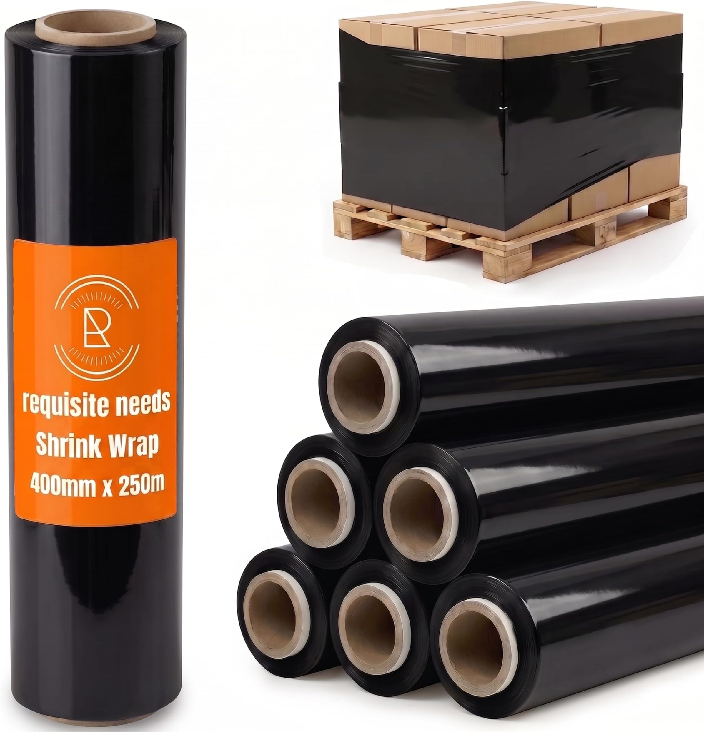 REQUISITE NEEDS Heavy Duty Shrink Wrap Roll 400MM x 250M – Clear & Black – Multi Pack Sizes (1, 2, 6 Rolls) (Black, Pack of 6)