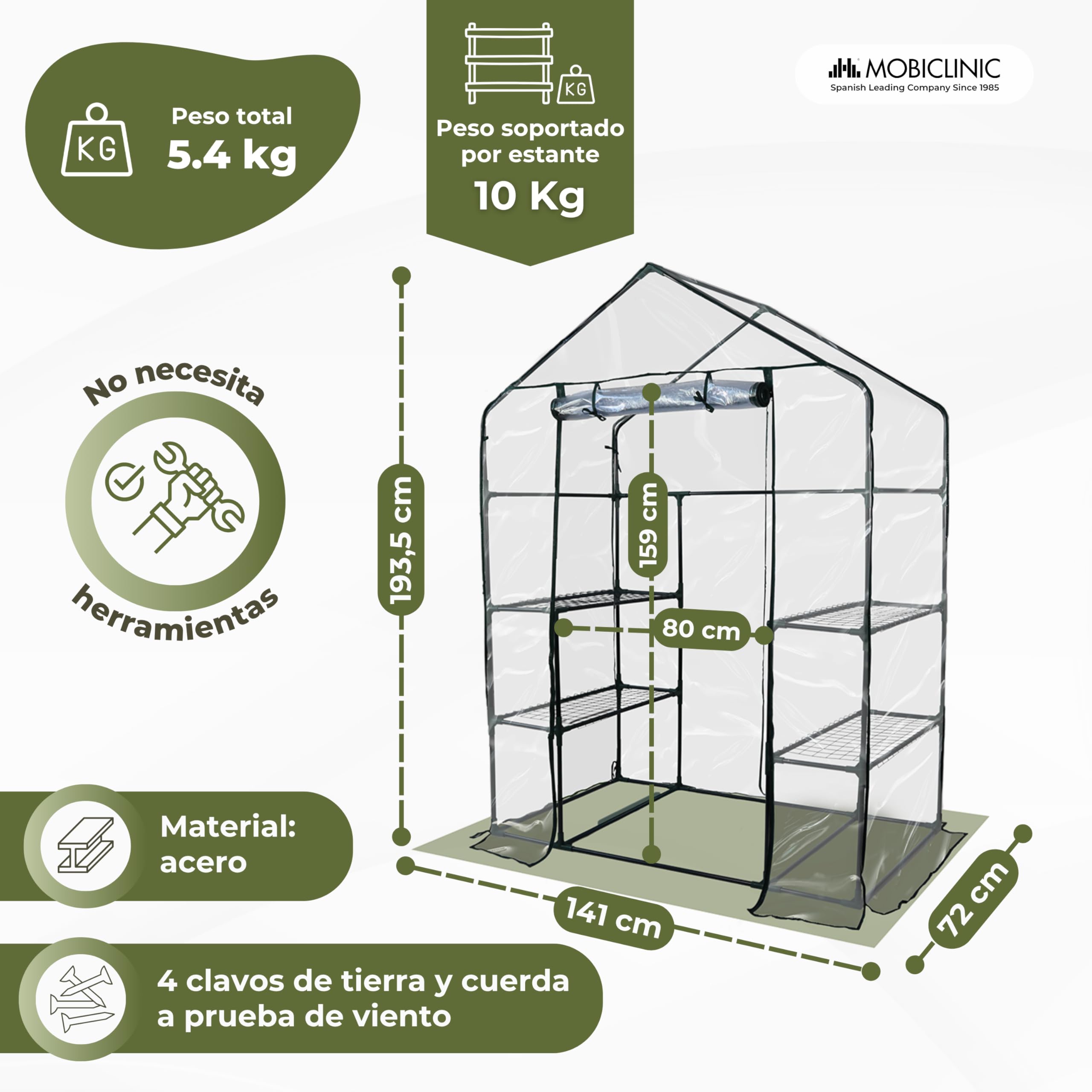 Mobiclinic®, Invernadero de Jardín, 143 x 73 x 195 cm, Cubierta de PVC y Puerta Enrollable, 4 Estantes, Impermeable, Home Grow, Vivero Casero, Fijación Segura, Ideal para Cultivo, Resistente