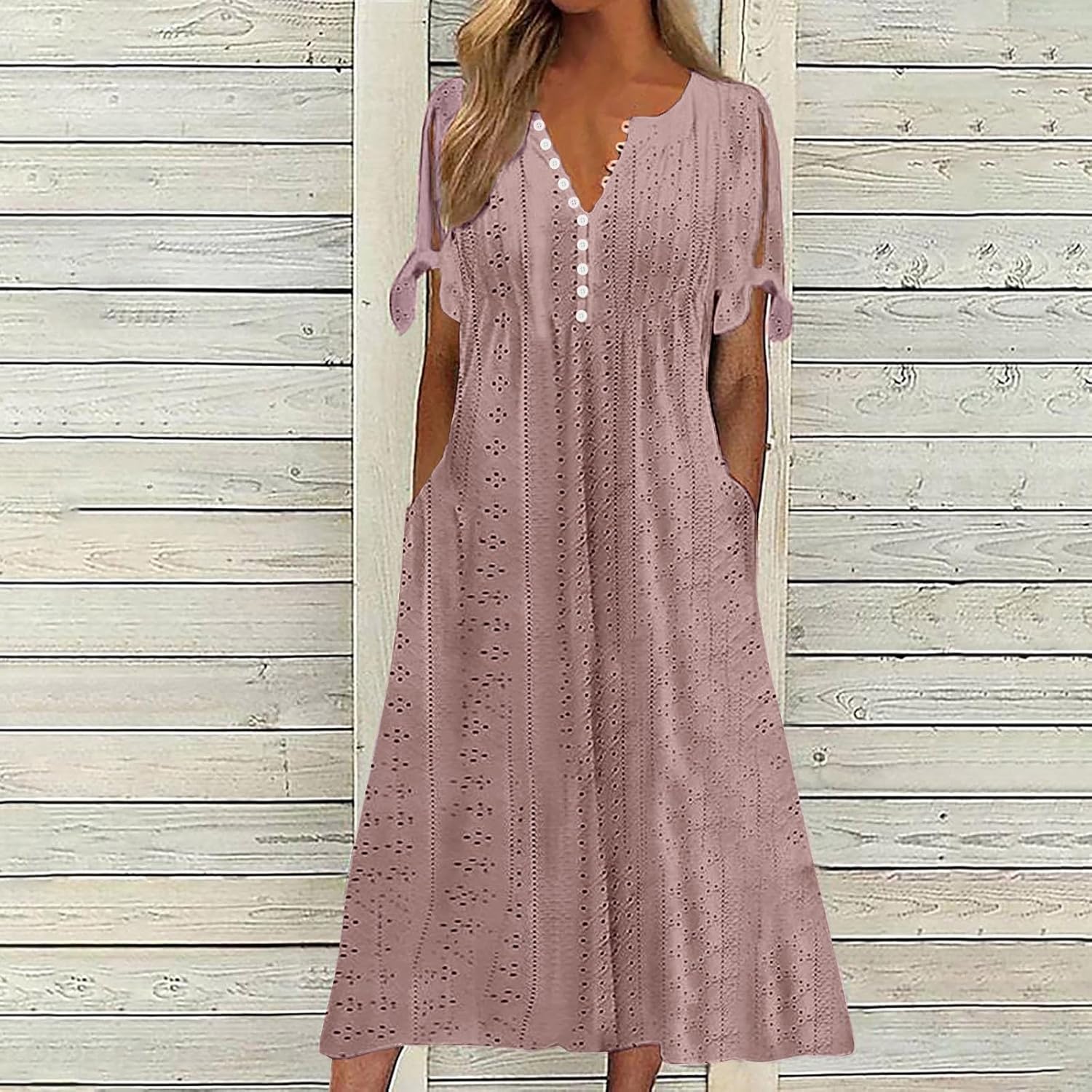Boho Eyelet Long Dress for Women 2025 Summer V Neck Short Sleeve Flowy Casual Beach Vacation Sundress Pocket Dresses