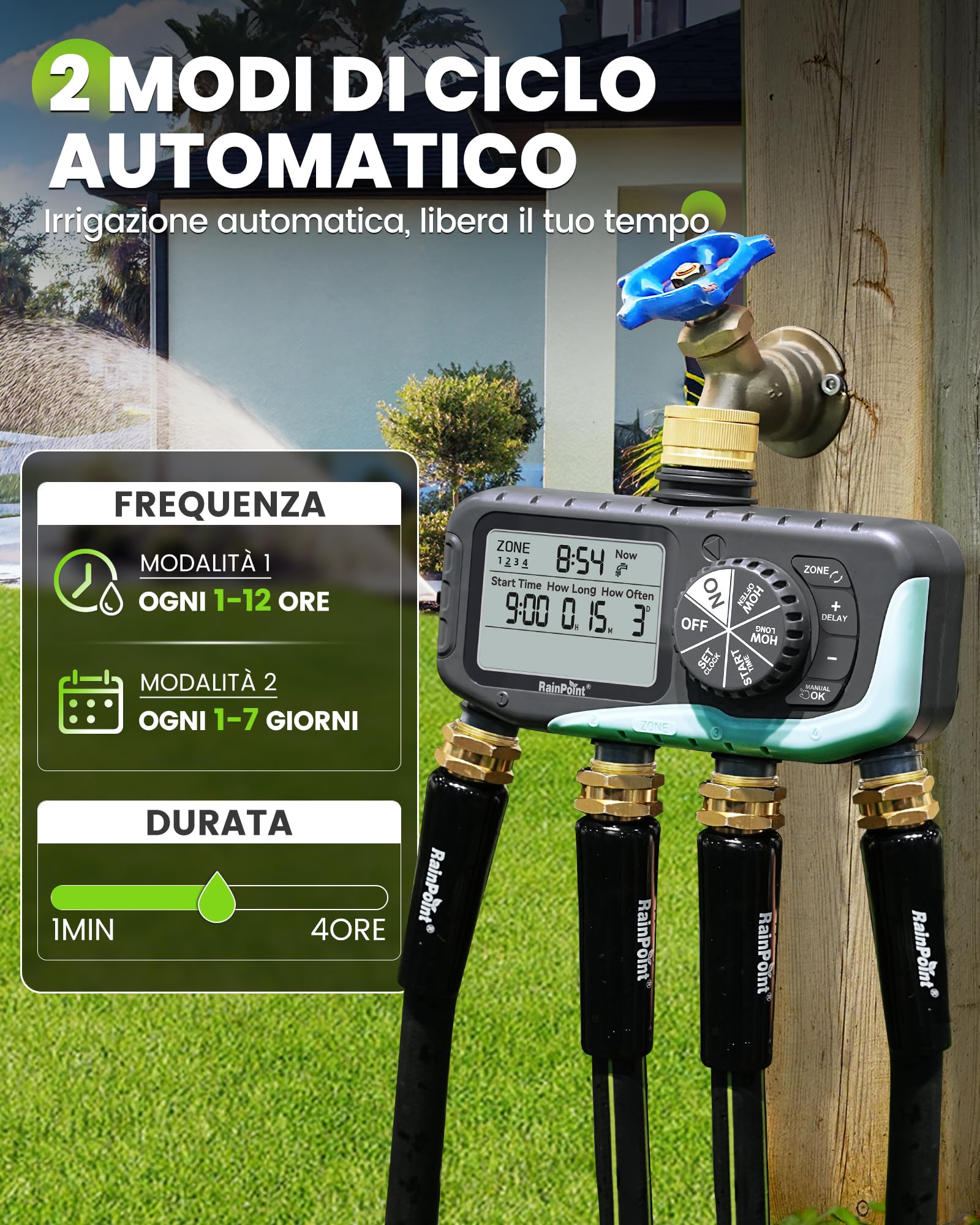 RAINPOINT Centralina Irrigazione 4 Zone, Ingresso e Uscita in Ottone, Impermeabile IP65, Timer irrigazione 4 Vie con Ritardo Pioggia/Controllo Manuale, Programmatore Irrigazione per Prato e Giardino