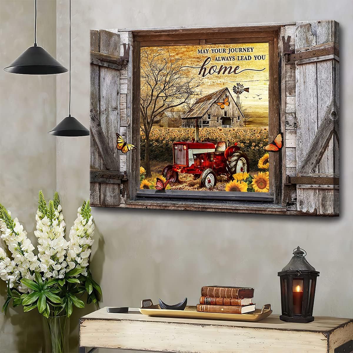 Farmhouse Canvas Wall Art Red Old Tractor Picture Kitchen Wall Decor Rustic Sunflowers Country Painting for Bedroom Bathroom Living Room Prints Artwork Framed 12"x16"
