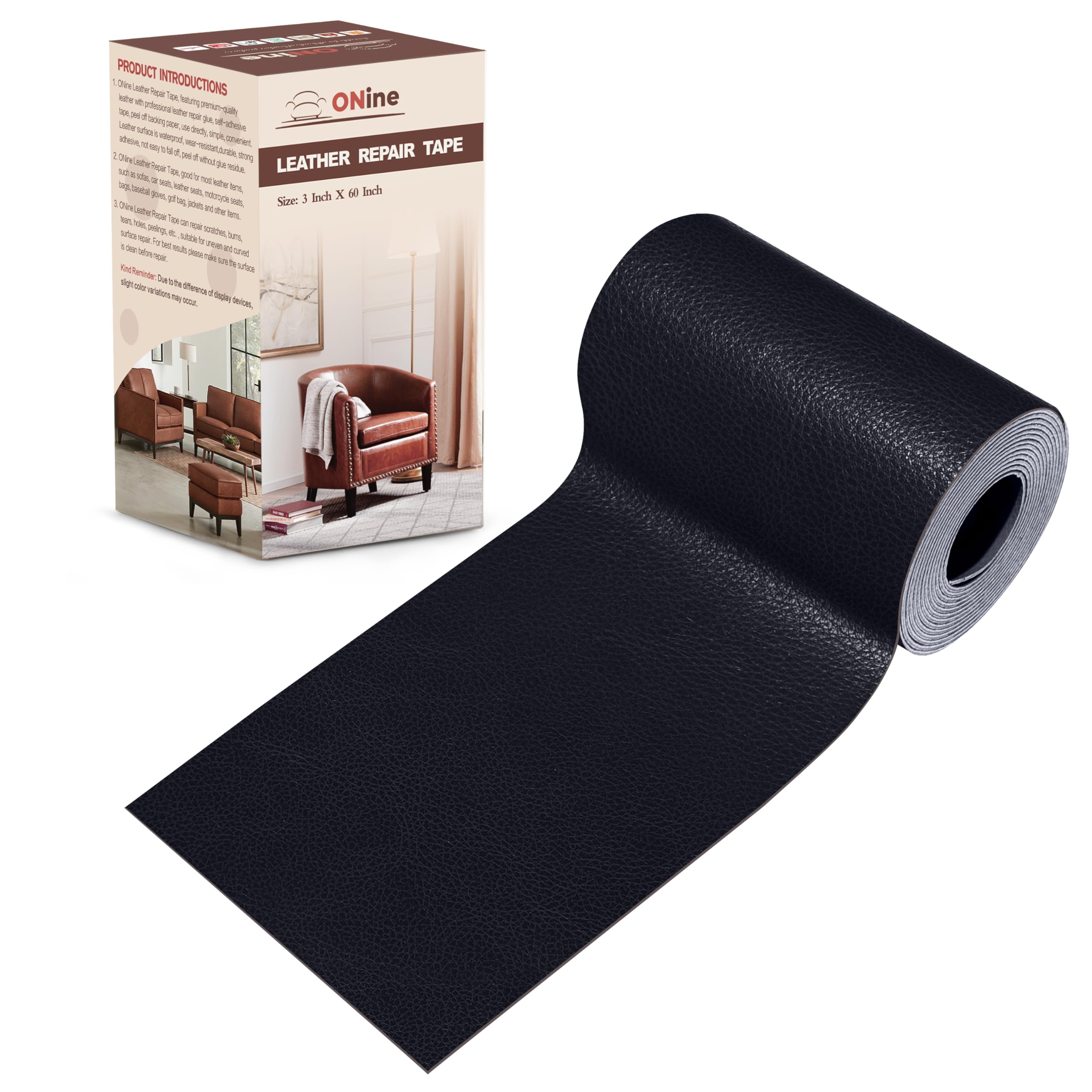 ONine Leather Repair Patch，Leather Repair Tape, 3 x 60 inches Leather Repair Patch for Furniture,Vinyl Repair Kit，Leather Couch Patch，for Sofas, Furniture, Car Seats, Office Chairs(Dark Blue Leather)