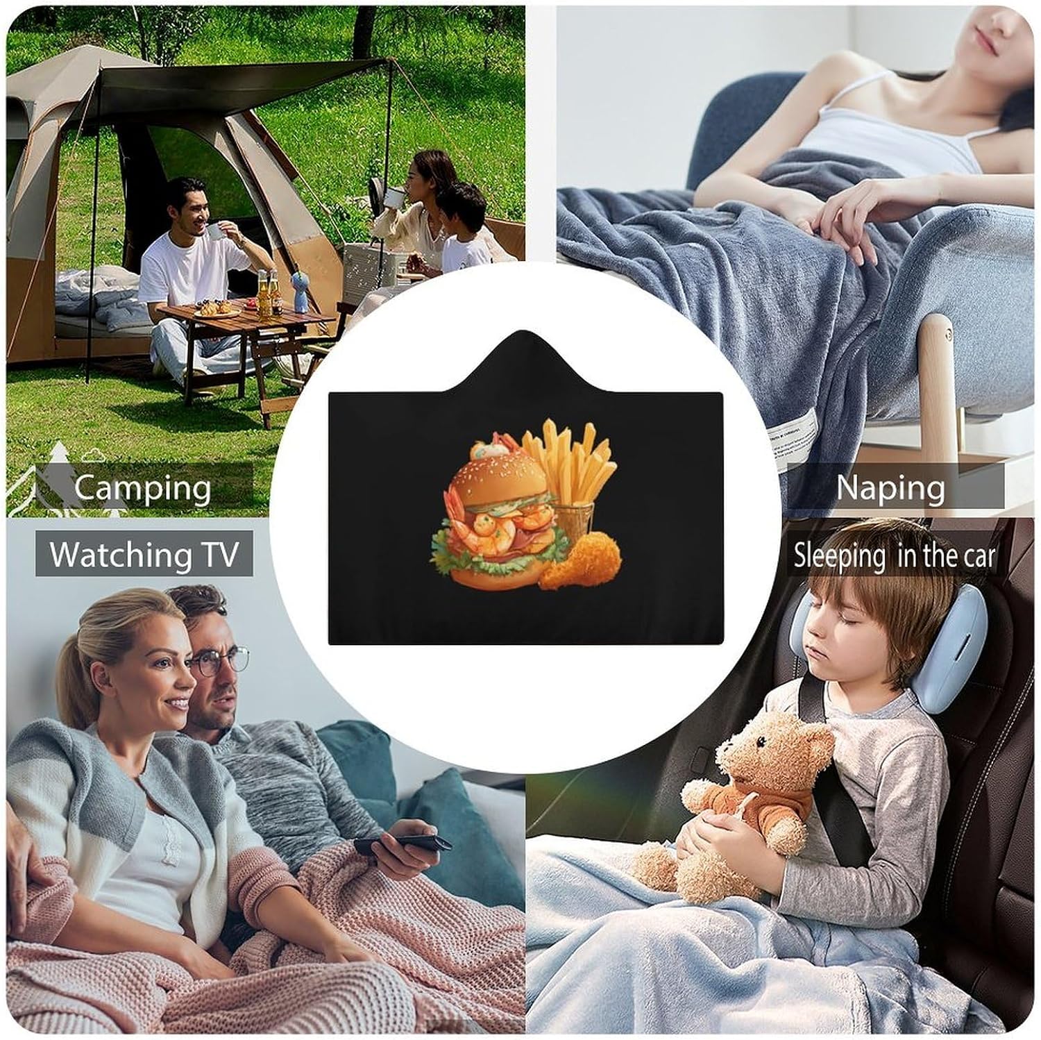 Hamburger French Fries Wearable Blanket Oversized Throw Cape | Cozy Hooded Blanket Gifts for Women Men