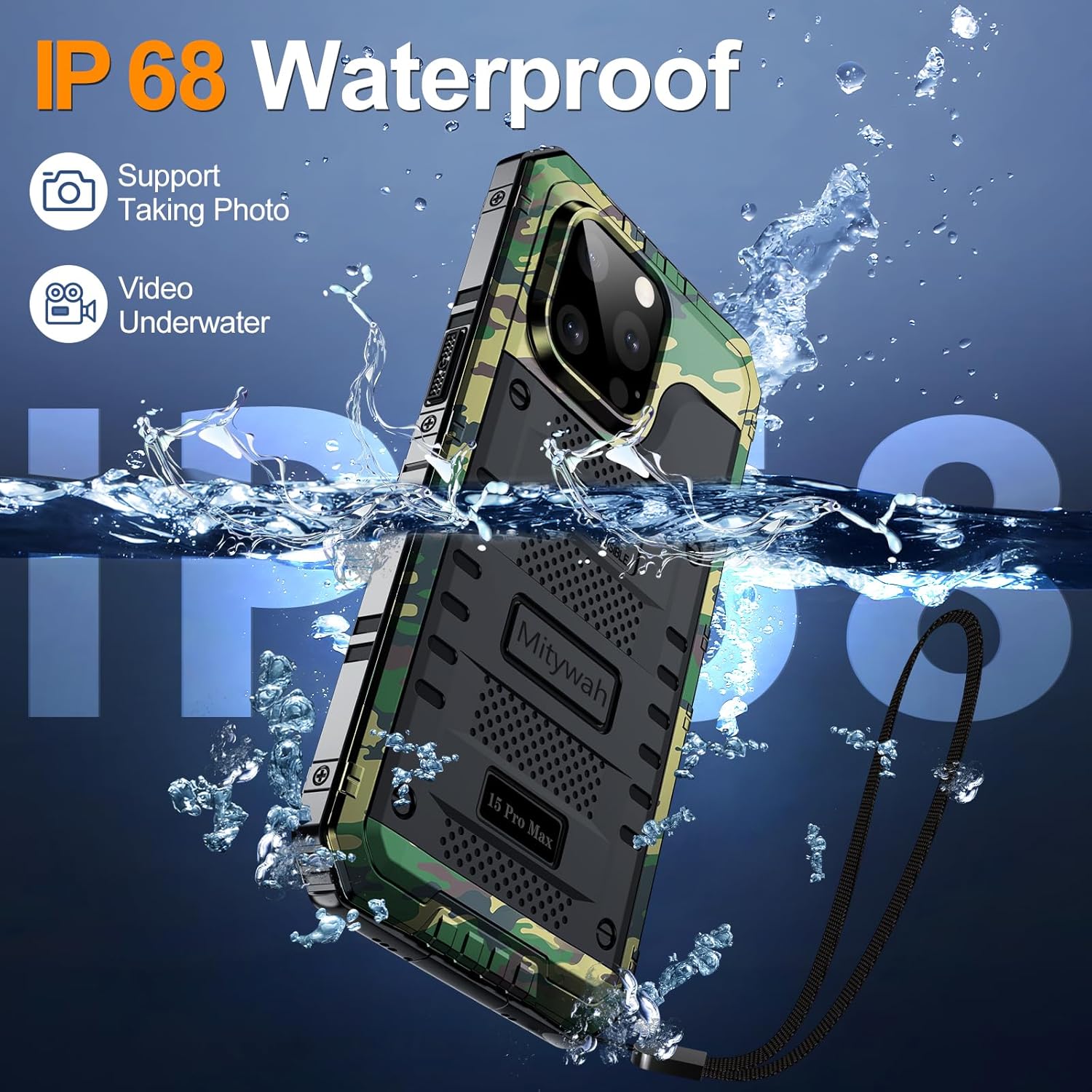 Mitywah Wateproof Case for iPhone 15 Pro Max, Military Grade Shockproof Cover for Outdoor Hiking and Climbing, Heavy Duty Metal Full Body Phone Case with Built-in Screen Protector, 6.7", Camouflage