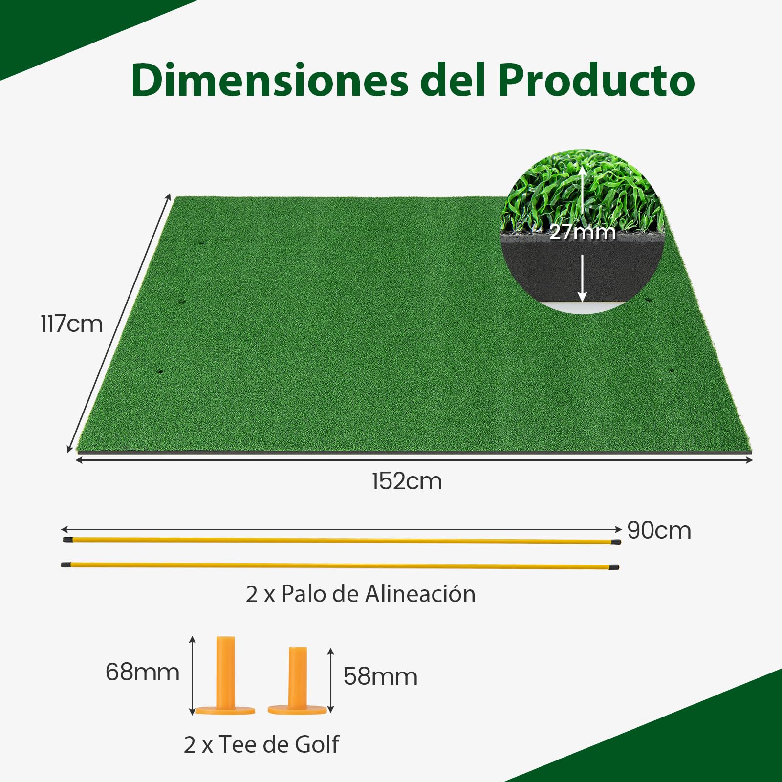 GYMAX Alfombrilla de Golf para Golpear Pelotas, Tapete de Césped Artificial para Práctica de Golf Interior y Exterior con 2 Tees de Goma y 2 Palos de Alineación
