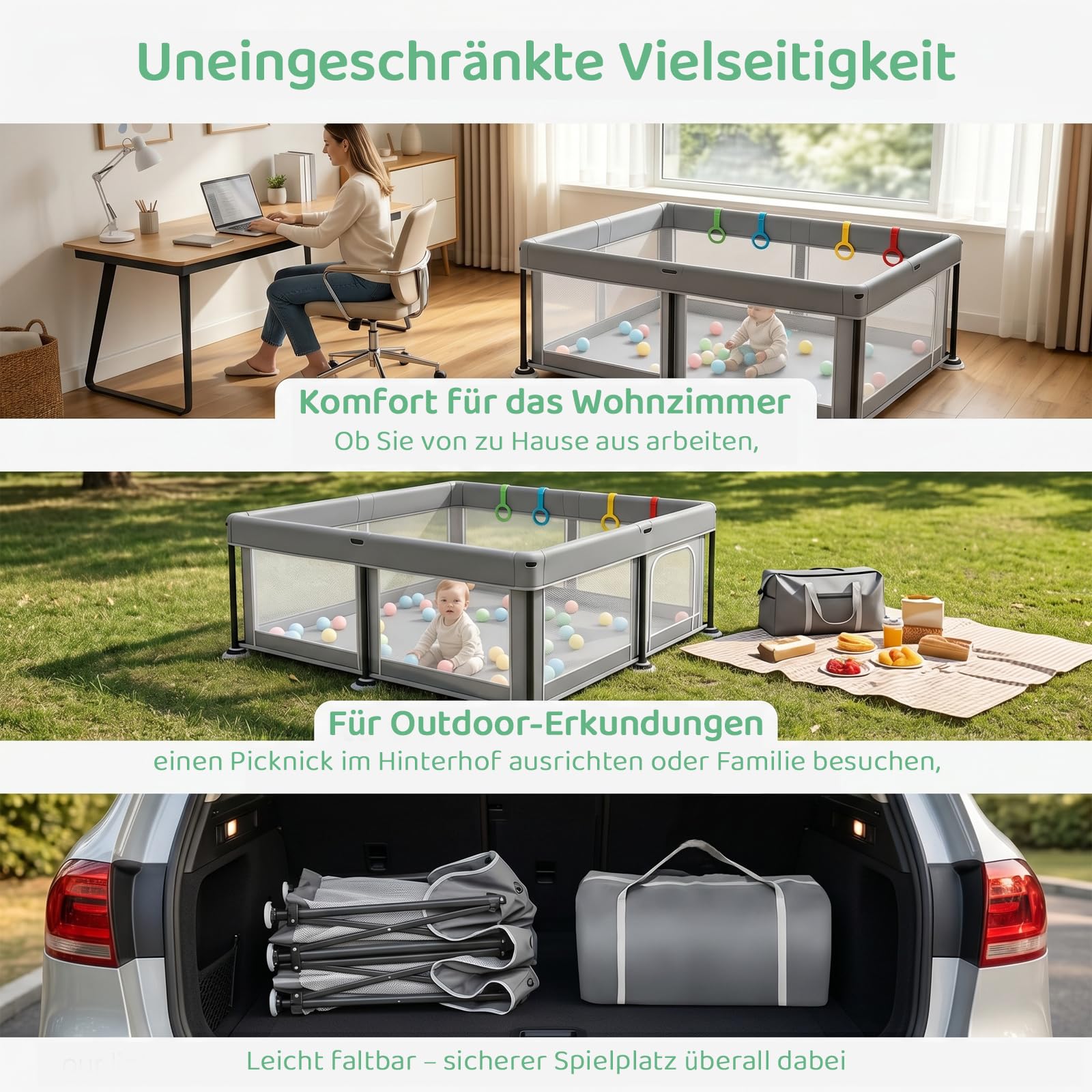 Laufstall Baby Faltbar Laufgitter Playpen, 125*125cm Faltbarer Kinder Play Pen Gitter mit Reißverschlusstür & Starker Saugnapf | Drinnen & Draußen Tragbares Babyzaunn | Quick 60s Pop up (Dunkelgrau）