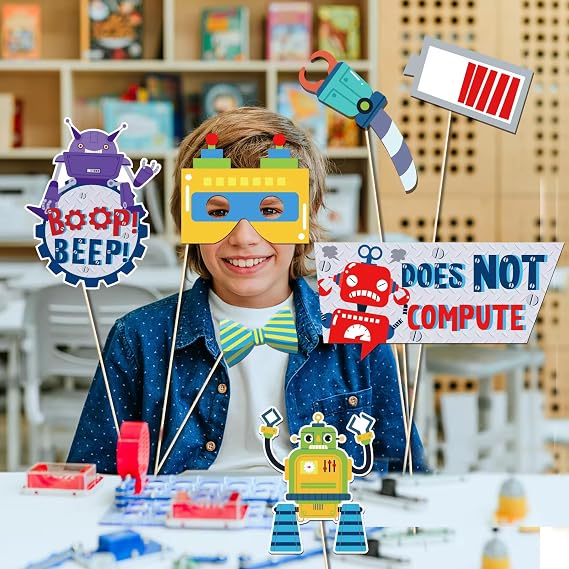 25Pcs Robot Photo Booth Props with Stick, Birthday Theme Selfie Props, Robotics Party Supplies, Kids Photography Backdrop Decorations