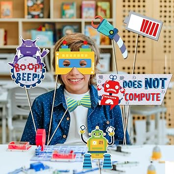 25Pcs Robot Photo Booth Props with Stick, Birthday Theme Selfie Props, Robotics Party Supplies, Kids Photography Backdrop Decorations