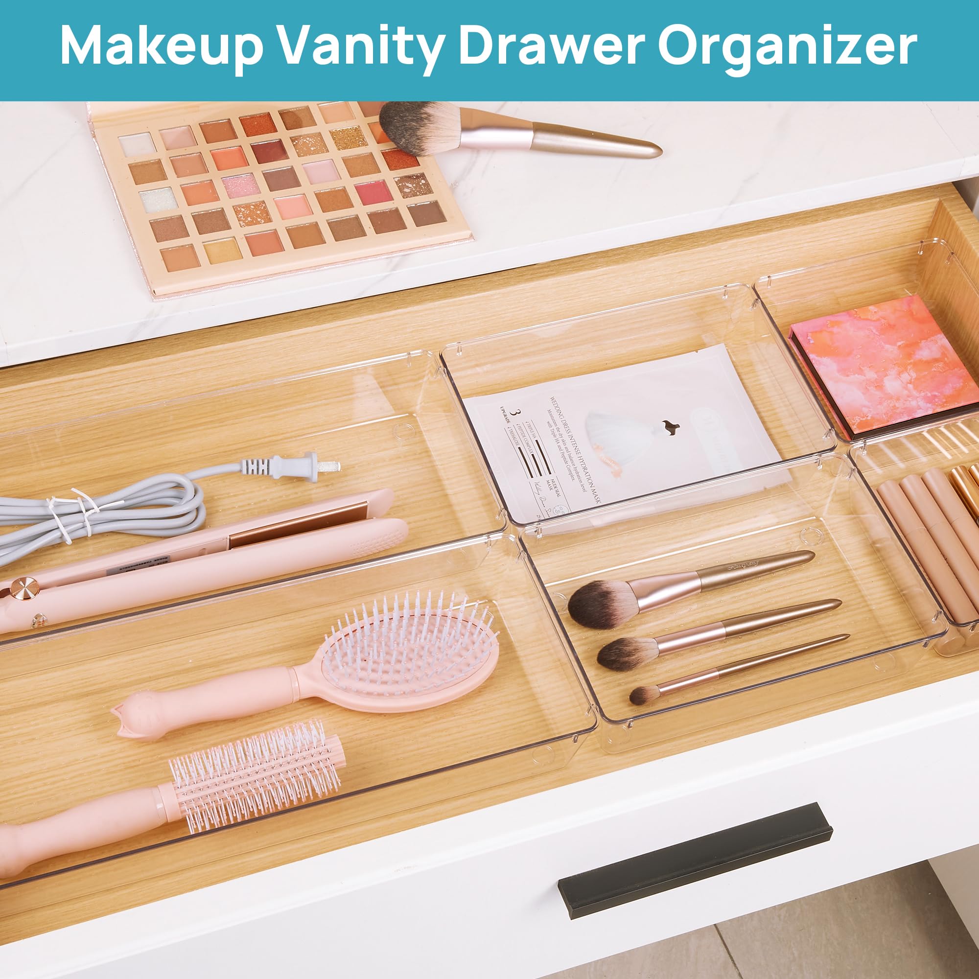 Vtopmart Set di 6 organizer per cassetti in plastica trasparente, vassoi organizer per cassetti da bagno e toeletta, contenitori in acrilico per trucco, utensili da cucina, organizer per scrivania da
