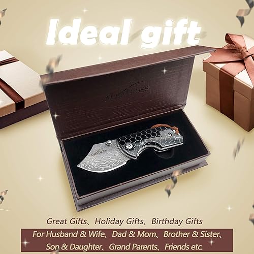 Miniatura 2 de ALBATROSS EDC Navaja de bolsillo plegable de Damasco, hoja de acero de Damasco, mango de madera/resina, regalos/colecciones