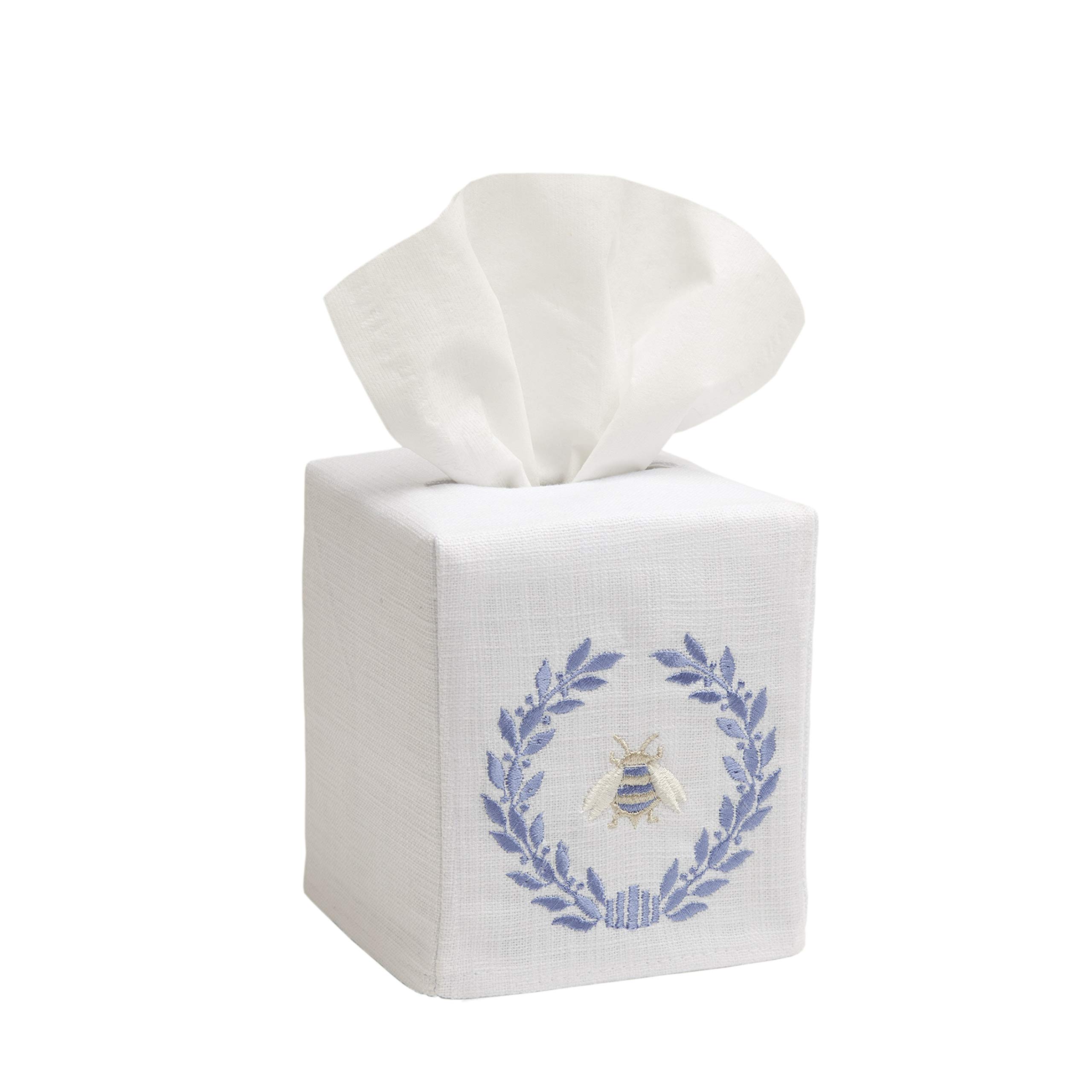 Jacaranda LivingSquare Tissue Box Cover, Linen/Cotton Fabric Tissue Holder, Decorative Cloth Tissue Cube Cover, Nature Designs Napoleon Bee Wreath (Blue)