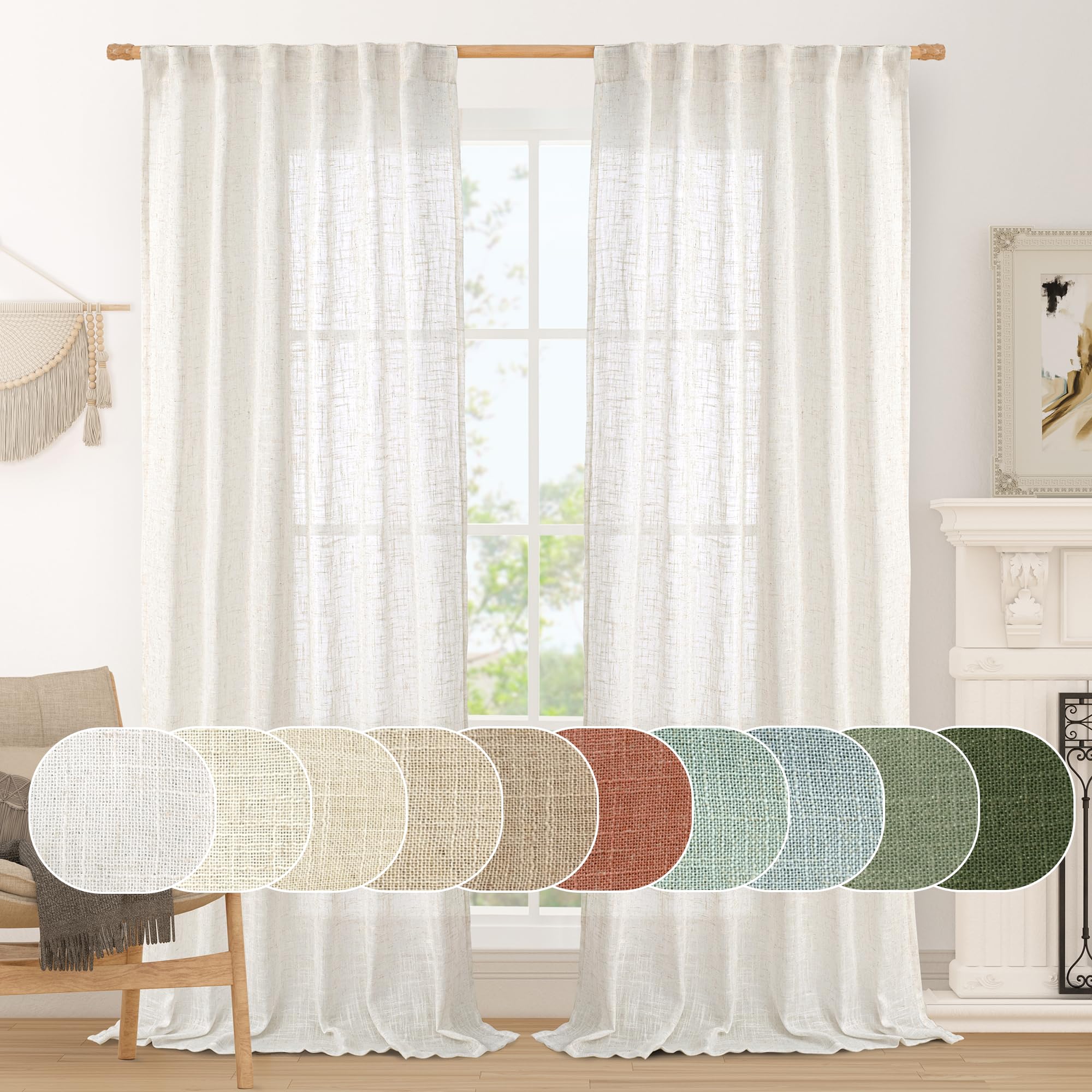 LAMIT - 2 Panels Light Reducing Textured Linen Back Tab Rod Pocket Curtains for Bedroom 52x95 Inches Long Boho Ivory White