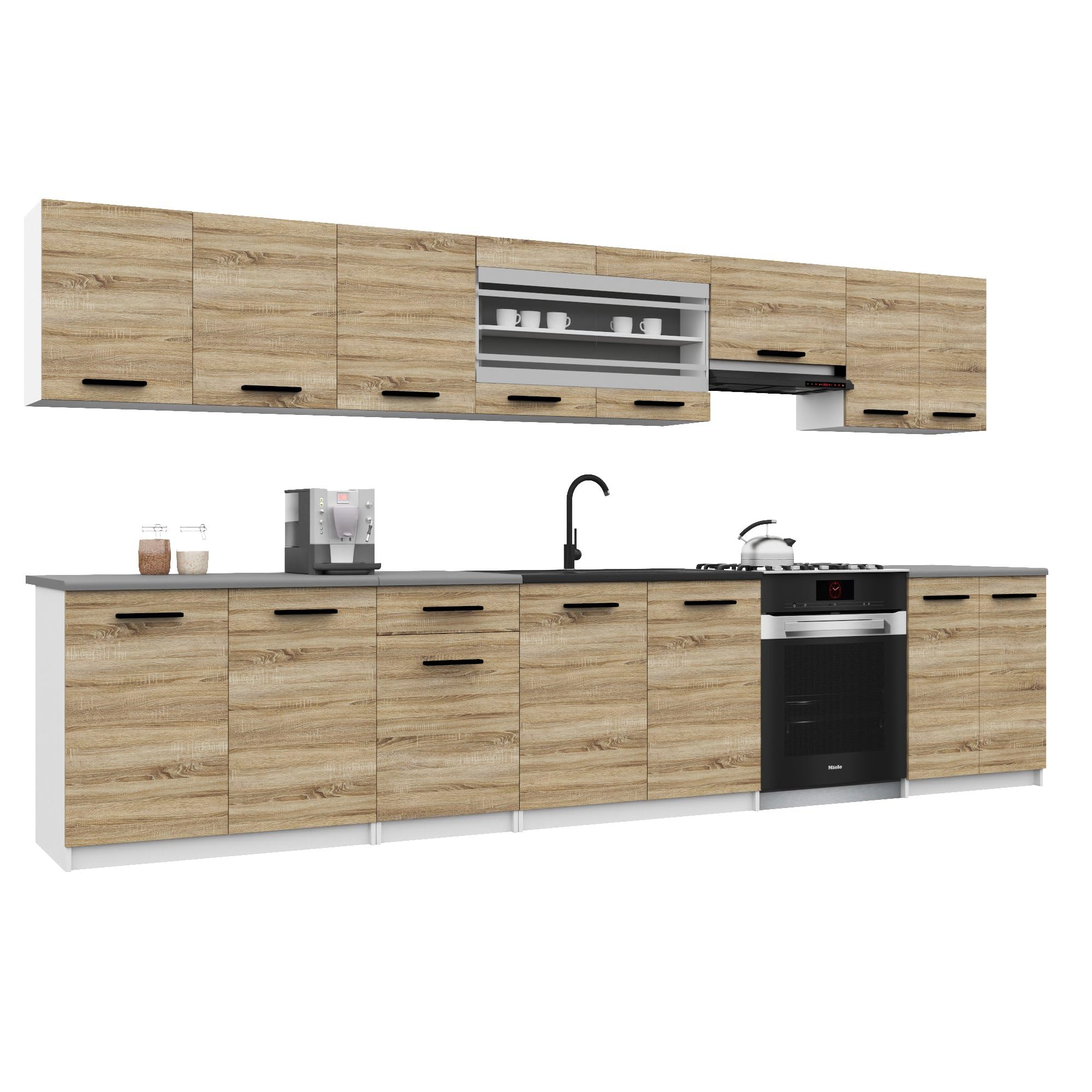 Belini Italia 3 Liniowa szafka kuchenna 320cm Dąb Sonoma | ECONATURA DECOR Liniowa szafka kuchenna, szafka, bez sprzętu AGD, z blatem roboczym