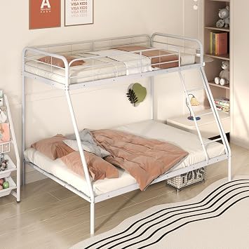 Multigot Metal Bunk Bed, Single Over Double Triple Sleeper Beds with Ladder, Safety Guardrail and Under-Bed Storage, Space-Saving Slatted Loft Bed Frame for Teens Adults, No Box Spring Needed White