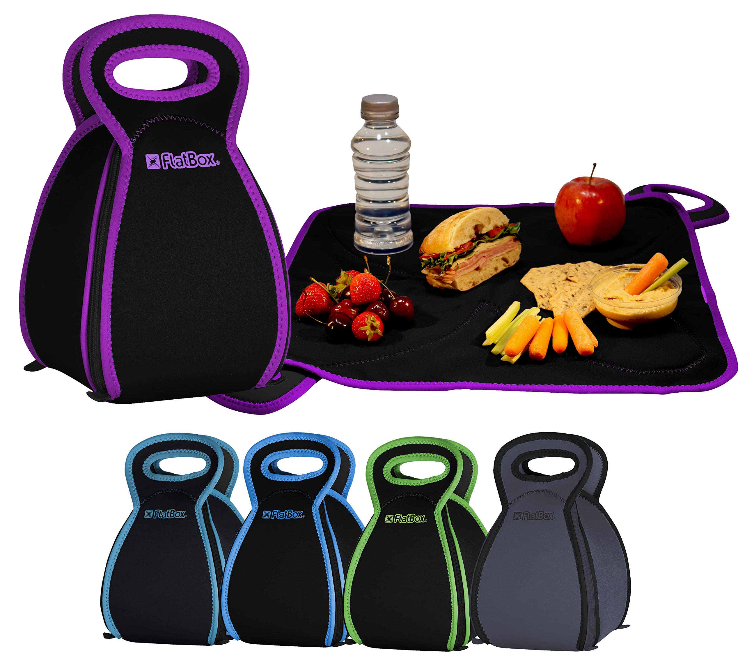 FlatBox - The Innovative Neoprene Lunch Box that Converts to a Placemat - For Kids School or Office, Machine Washable! LARGE Black/Purple