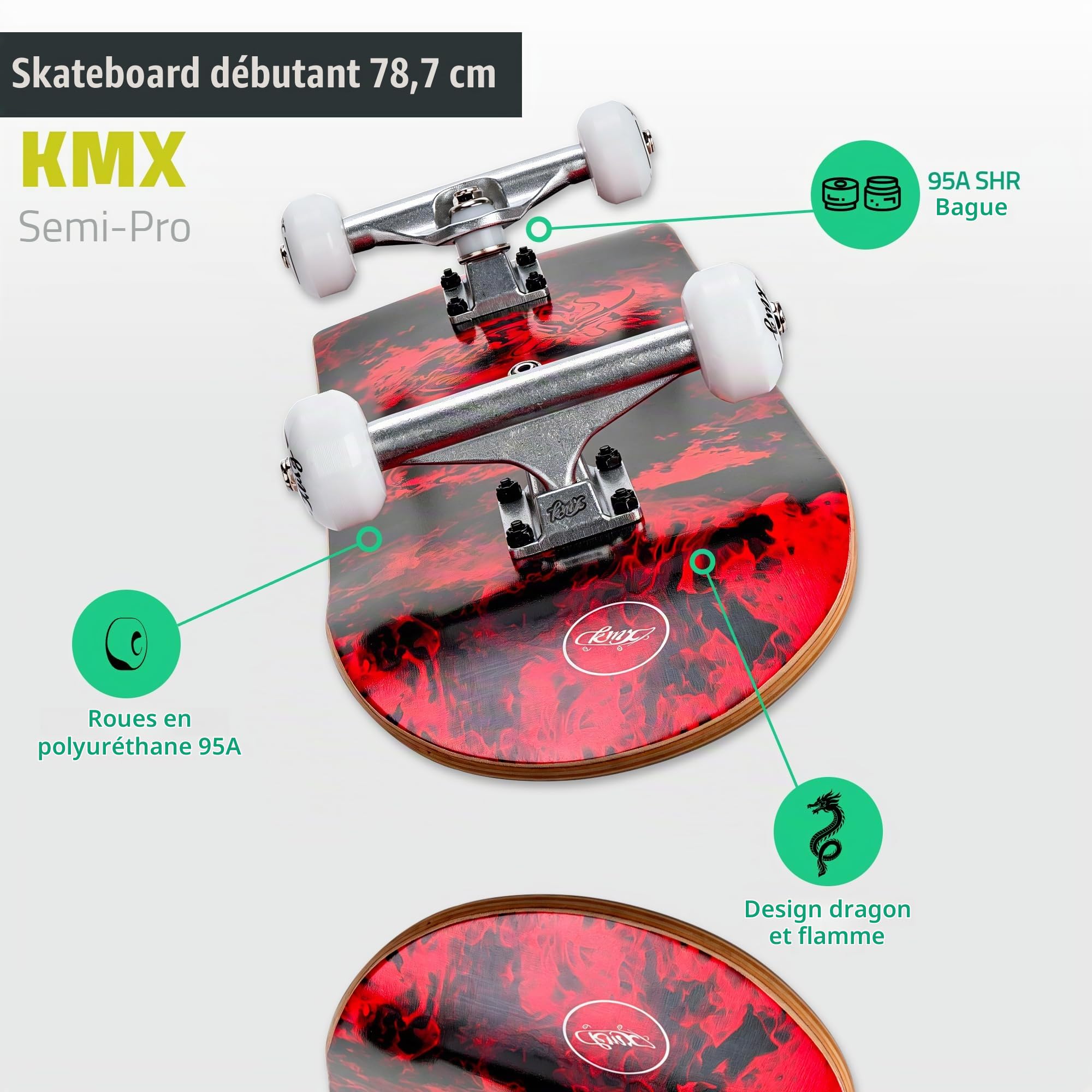 KMX Skateboard Complet Débutant à Graphismes Cool + Outil de Skate | pour Garçons,Filles,Enfants,Étudiants et Adultes.Plateau en Érable 7 plis,Double Kick,Trucks Aluminium,Roues PU