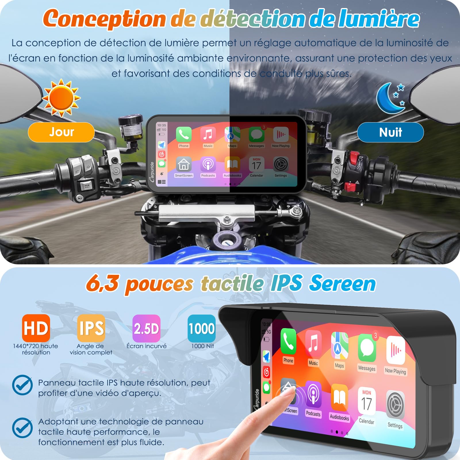 Carpuride W603 Écran Carplay pour Moto, CarPlay sans Fil et Android Auto pour Moto, Télécommande, Écran Tactile Étanche de 6,3 Pouces, Audio BT, Navigation GPS, Siri, Assistant G00gle