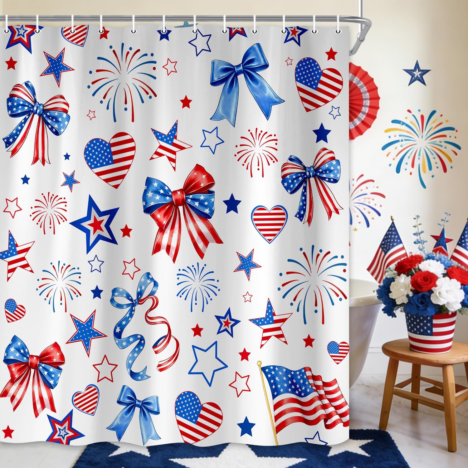 4th of July Shower Curtain, American Flag Red Blue Stars Bow Fireworks Independence Day Shower Curtain Set, 250th Anniversary Fabric Shower Curtain for Bathroom Decorations with Hooks, 70X70IN