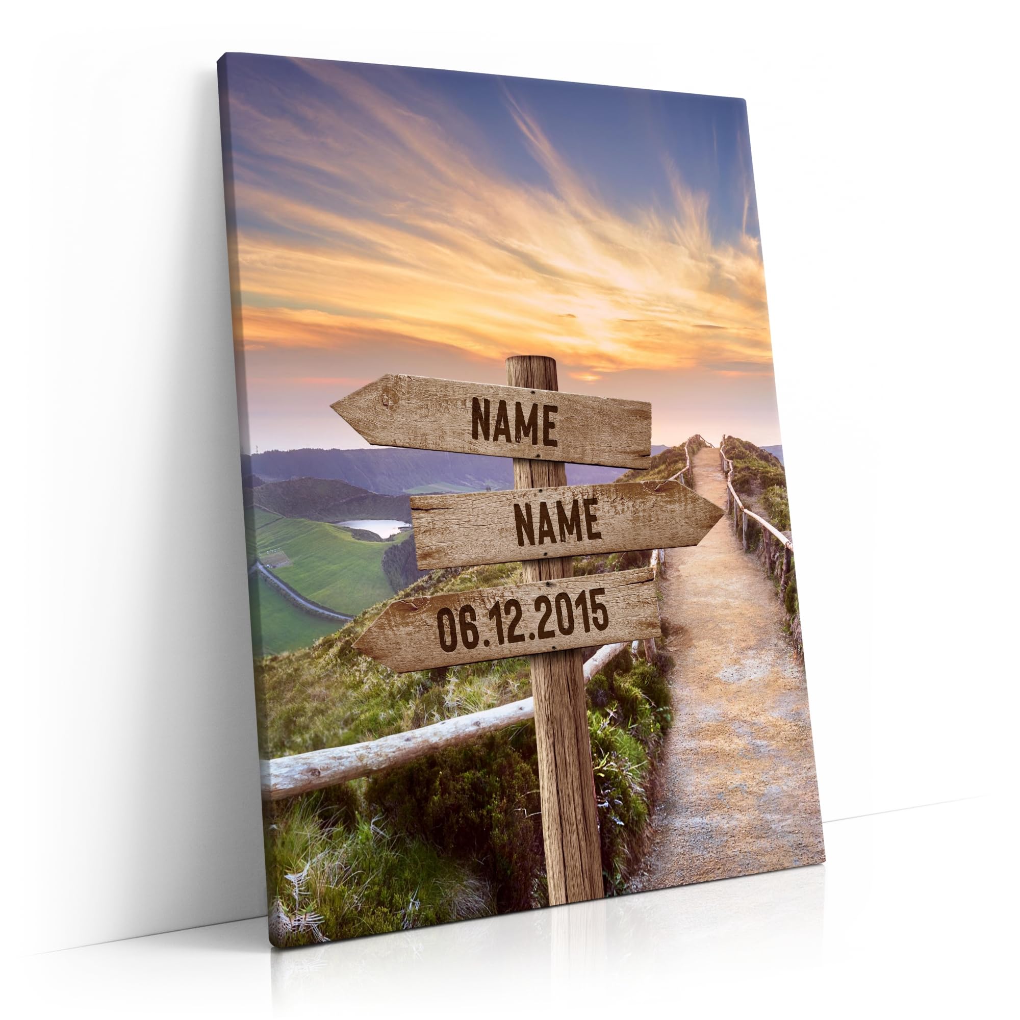 Liebesleinwand Leinwandbild personalisiert | Leinwand gestalten mit Namen und Datum Geschenk für Partner | Wegweiser zur Aussicht